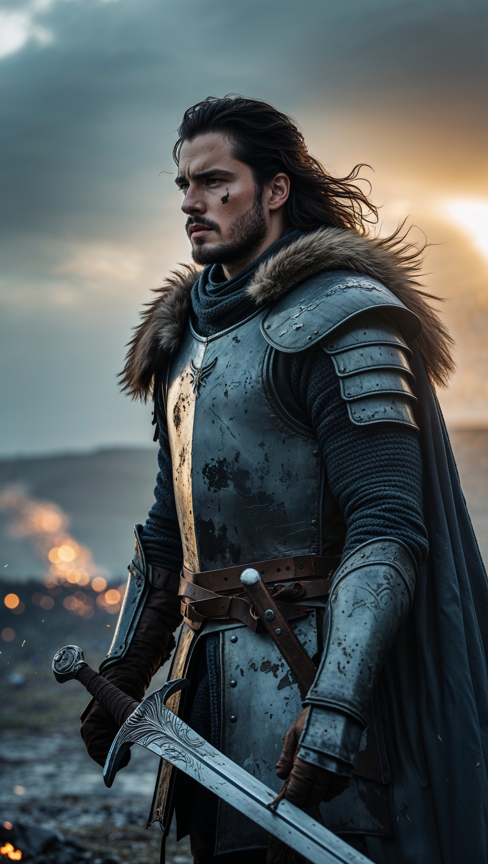 Jon Snow on the battlefield, cinematic-style iPhone wallpaper