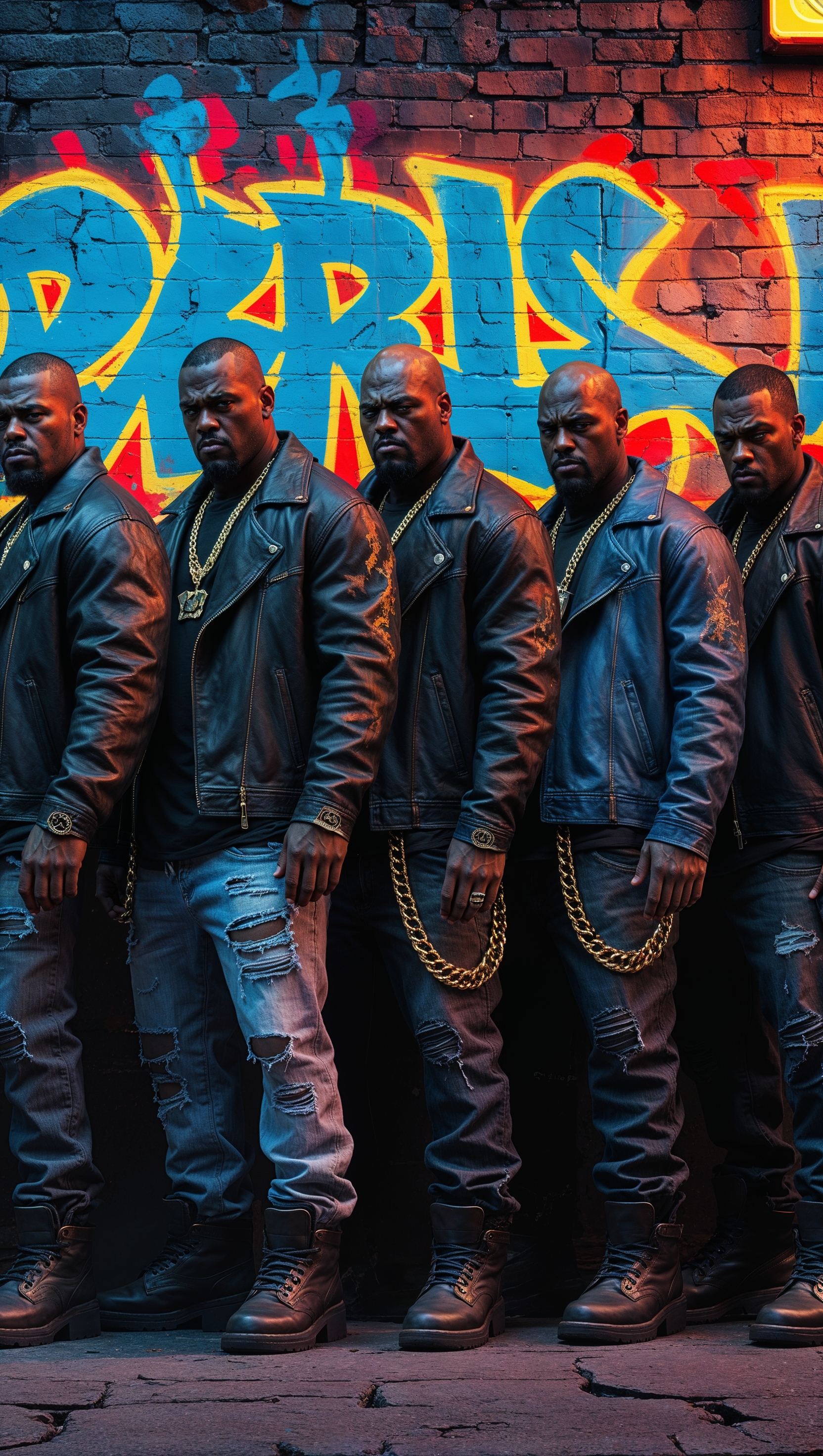 An image of a group of gangsters standing next to a wall with graffiti