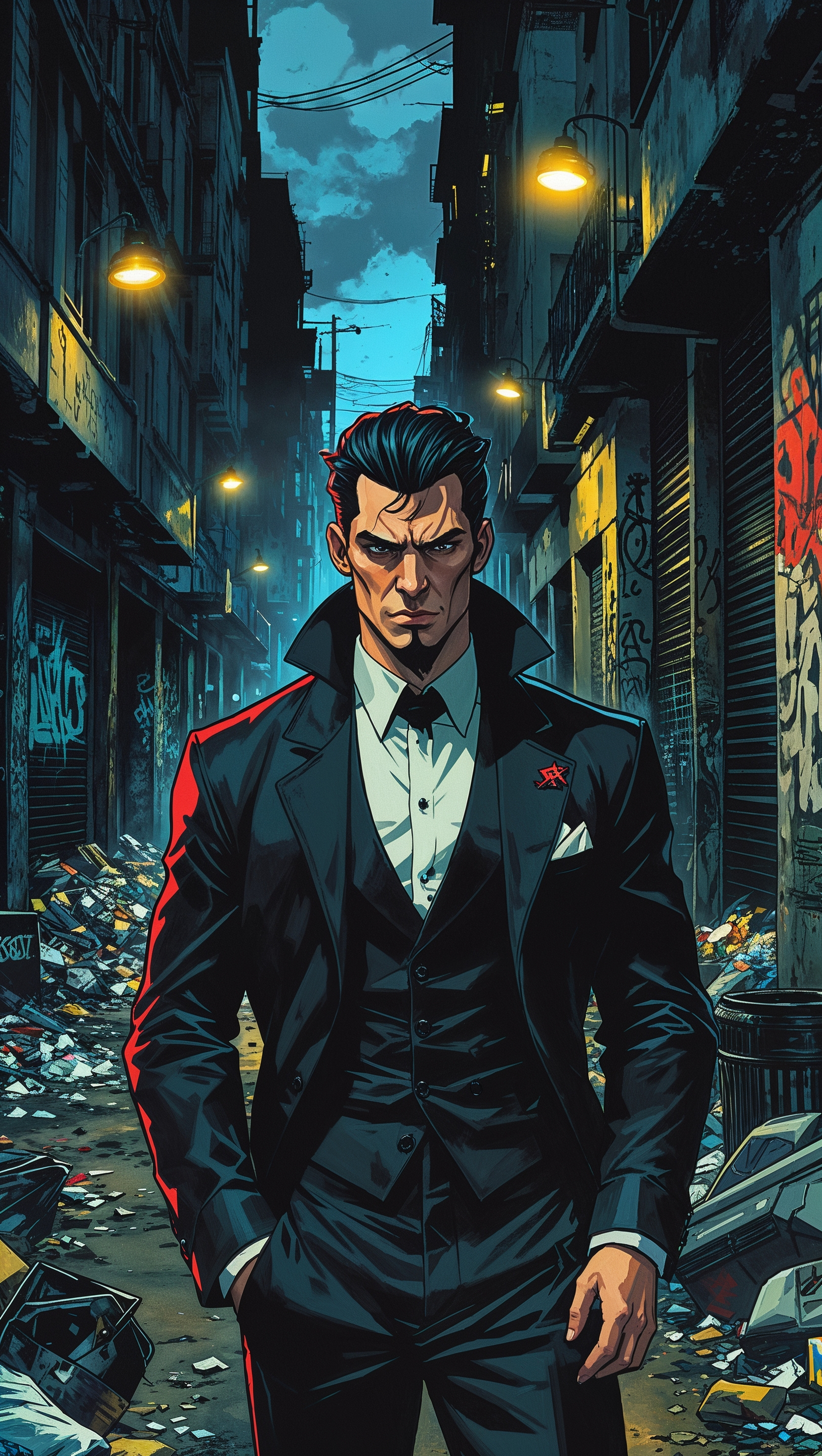 A gangster wallpaper design with drawn characters and street features