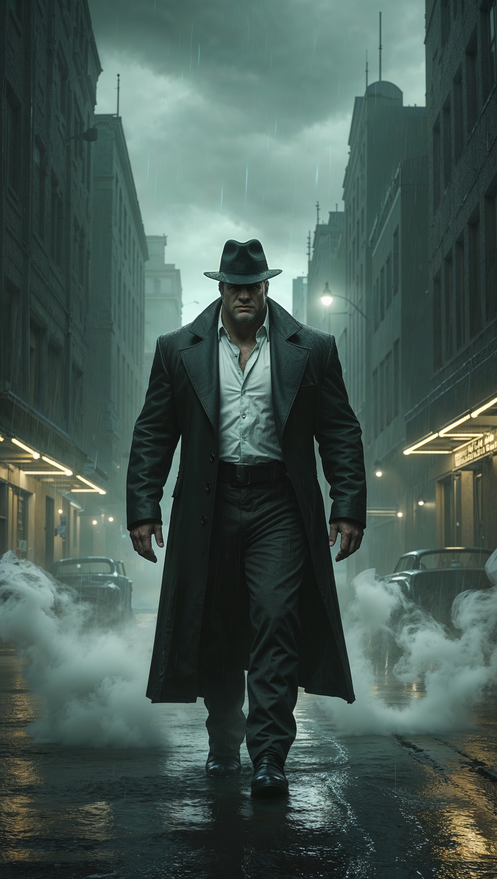 An image of a gangster walking down an empty street with smoke