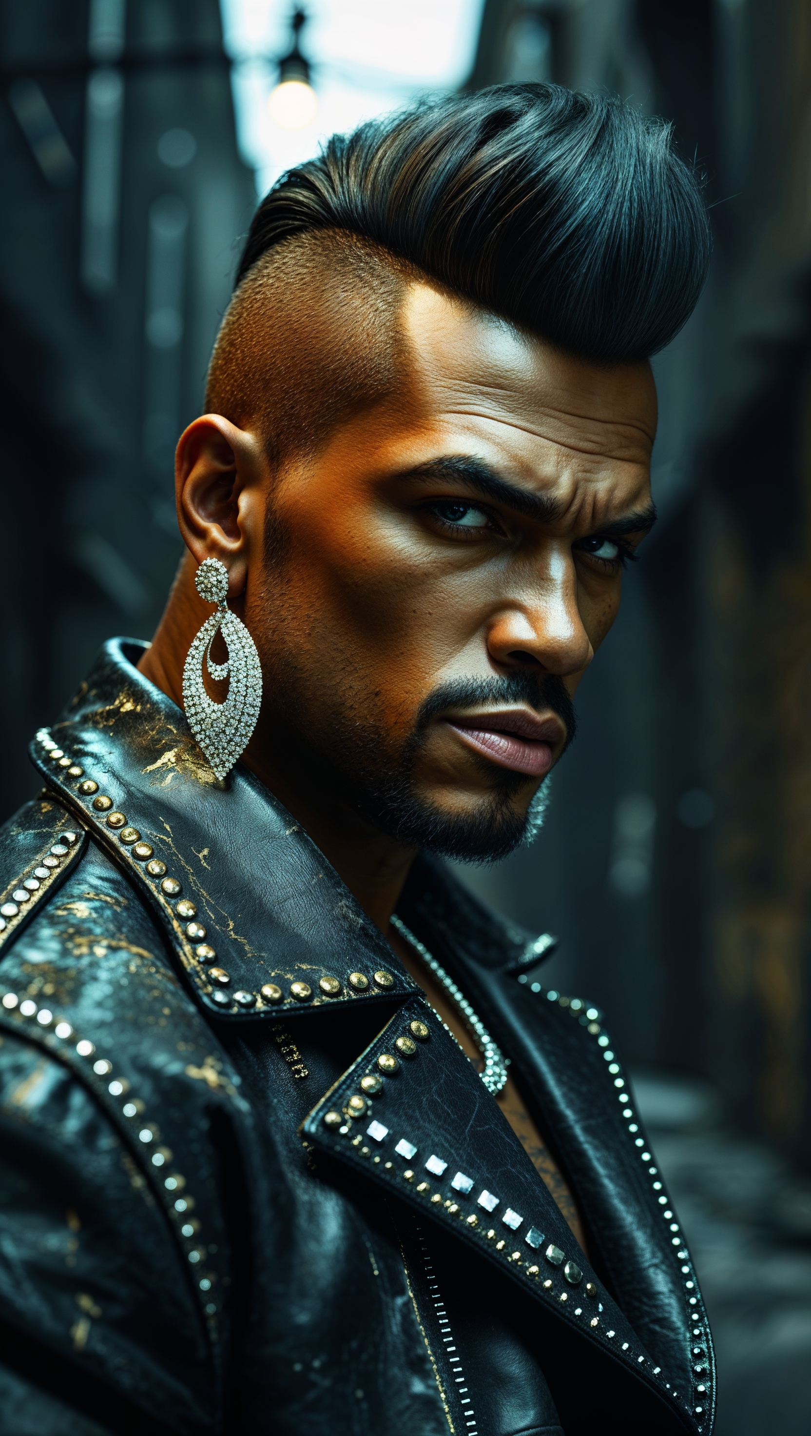An image of a gangster with a leather jacket and big earrings for an iPhone wallpaper