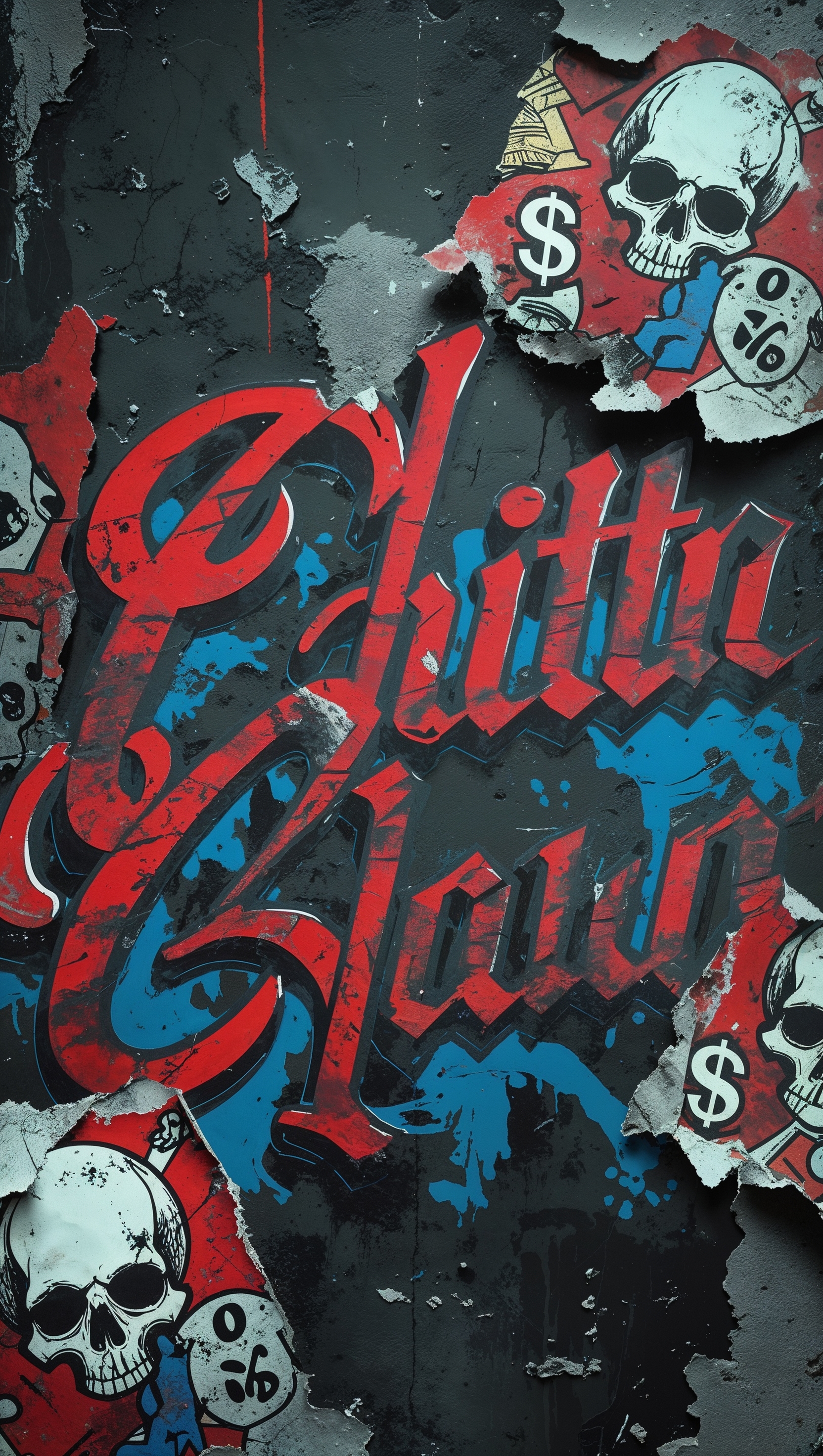 A gangster wallpaper design with bold fonts and graffiti stickers