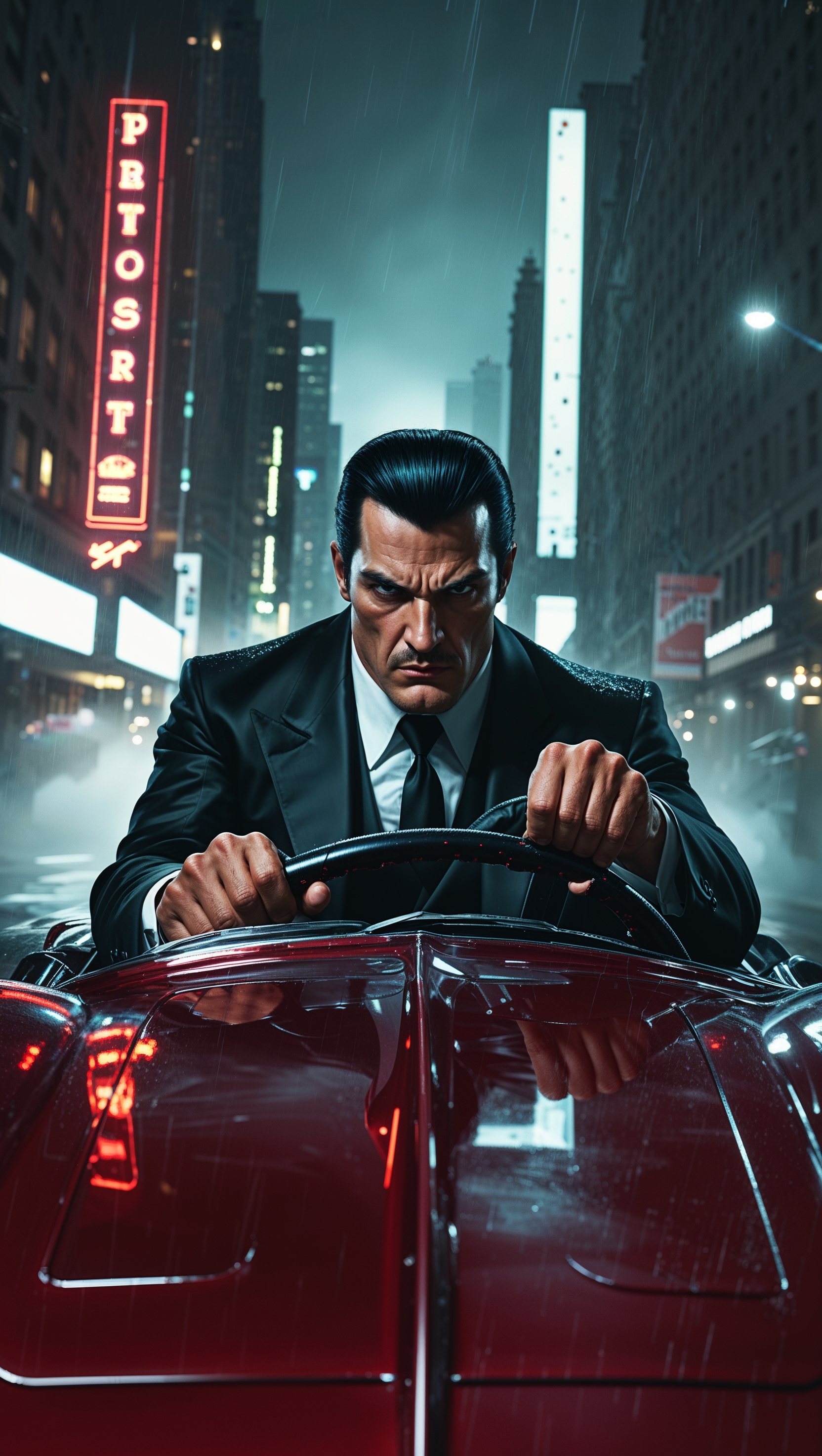 An image of a gangster driving a sports car at night