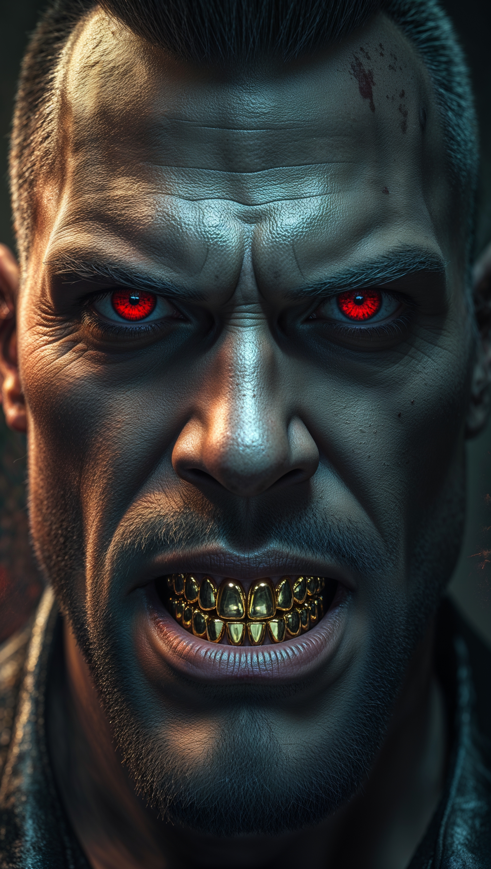 An image of a gangster with gold teeth and red eyes for an iPhone wallpaper