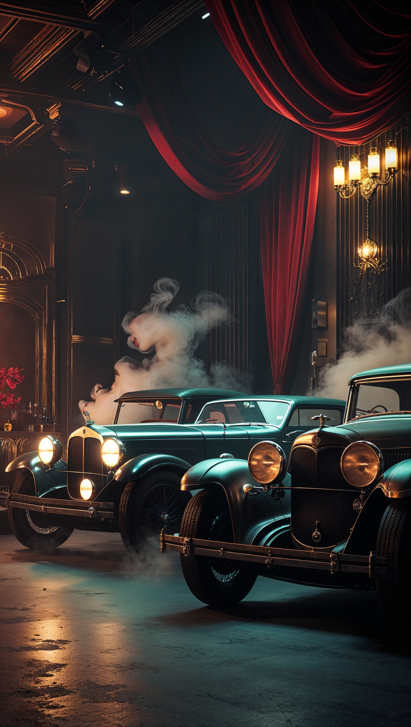 A gangster wallpaper with a dark space full of smoke and classic cars