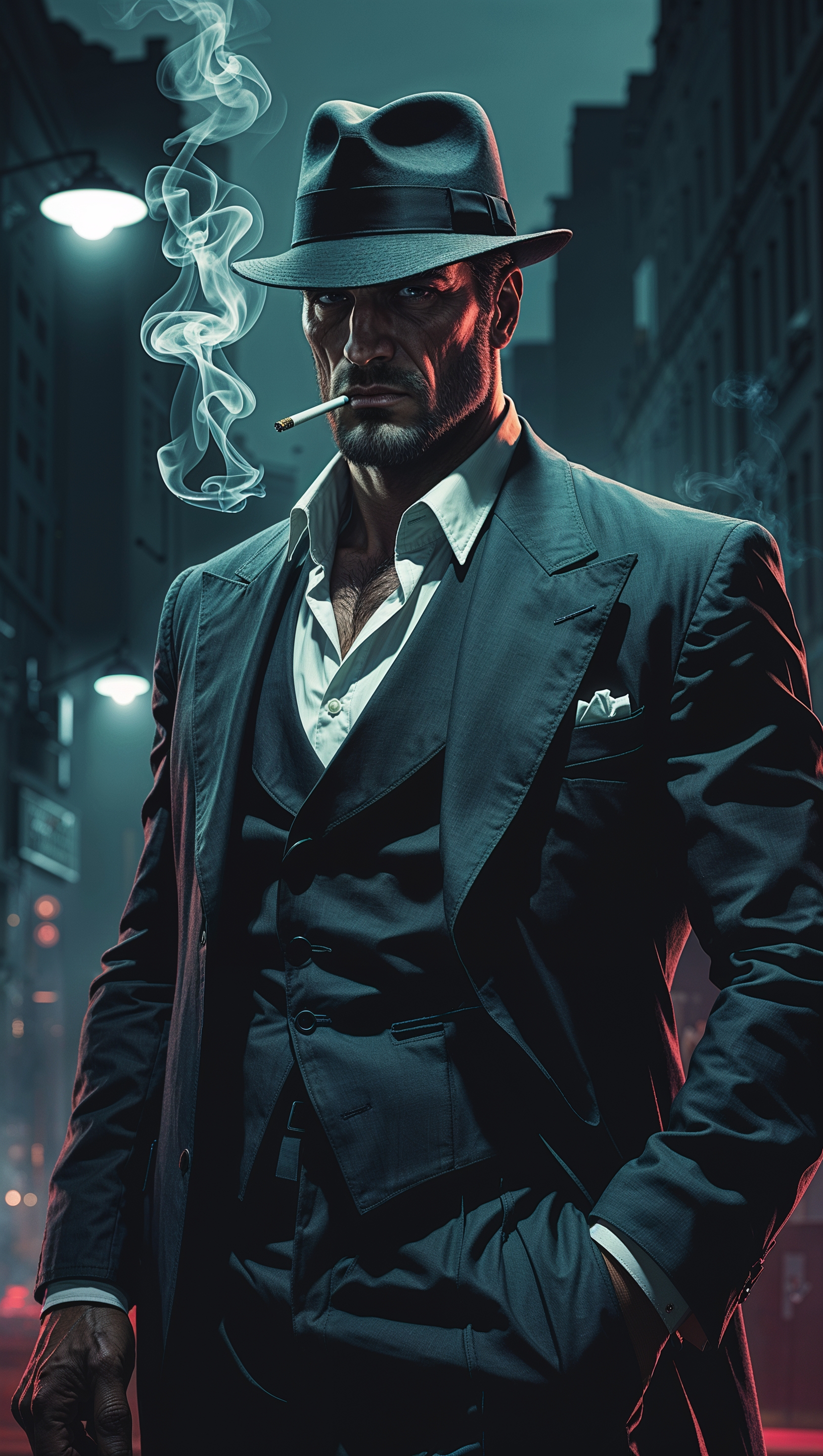 An image of a strong gangster character in a smoky nighttime atmosphere