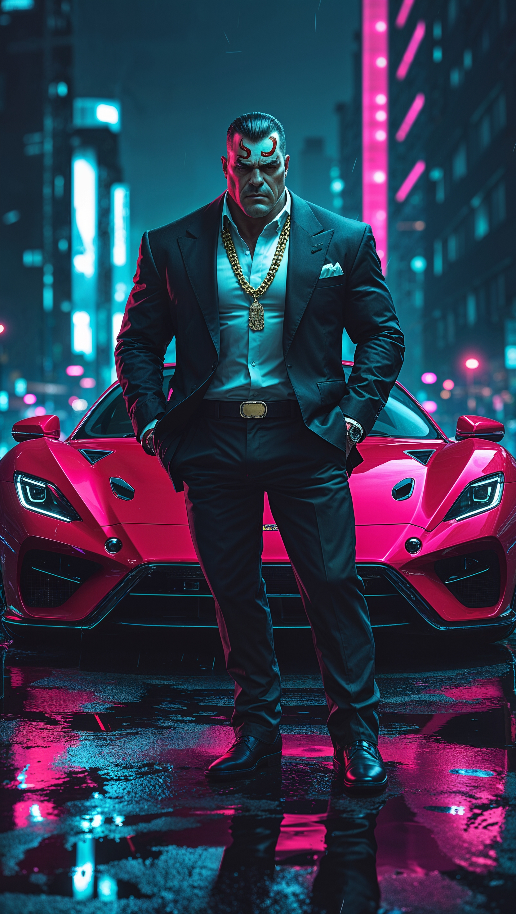 An image of a gangster with a super sports car and neon lights