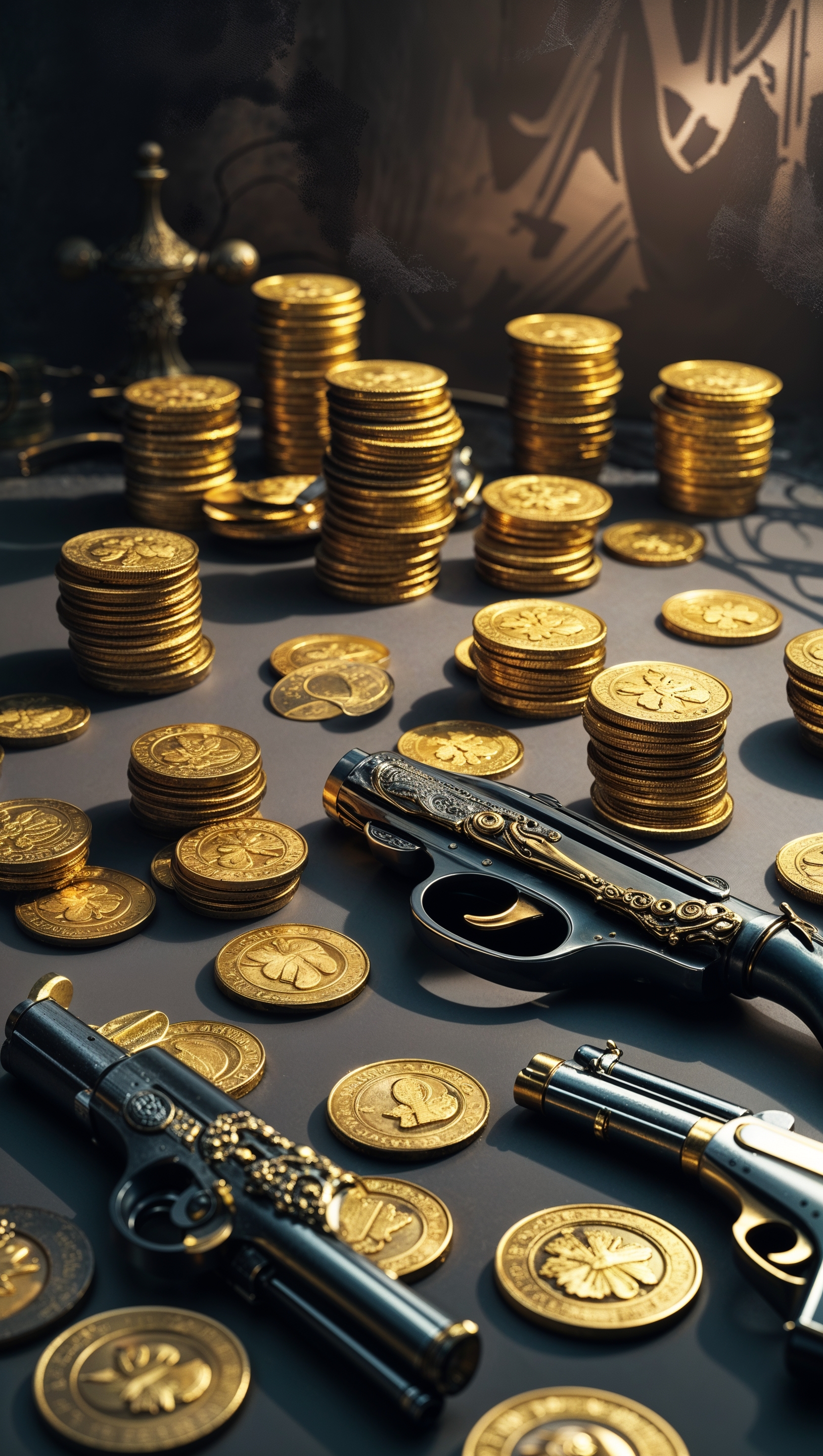 A gangster wallpaper with specific elements like gold coins and guns