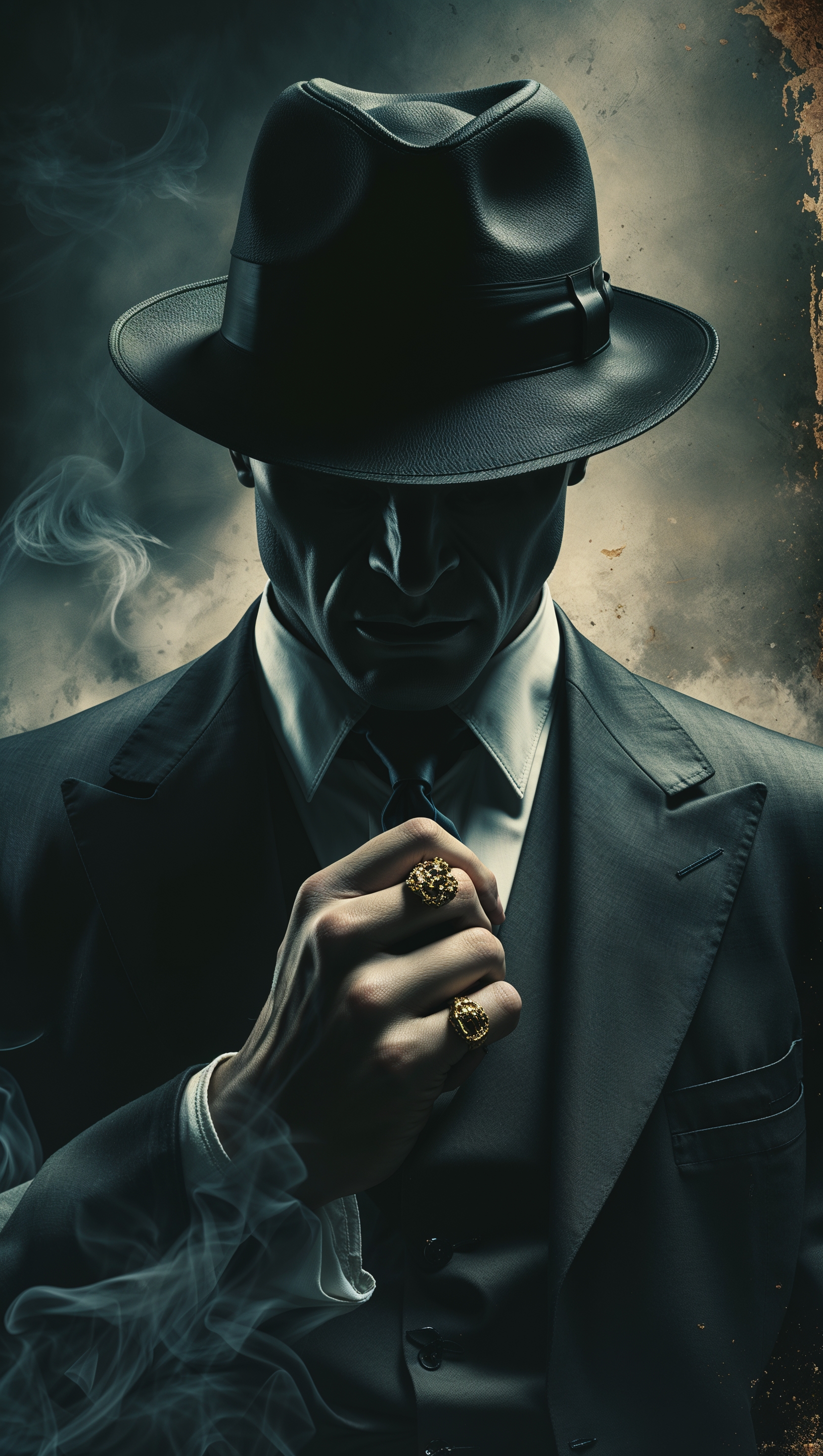 An image of a gangster with a hidden face in dark shadows