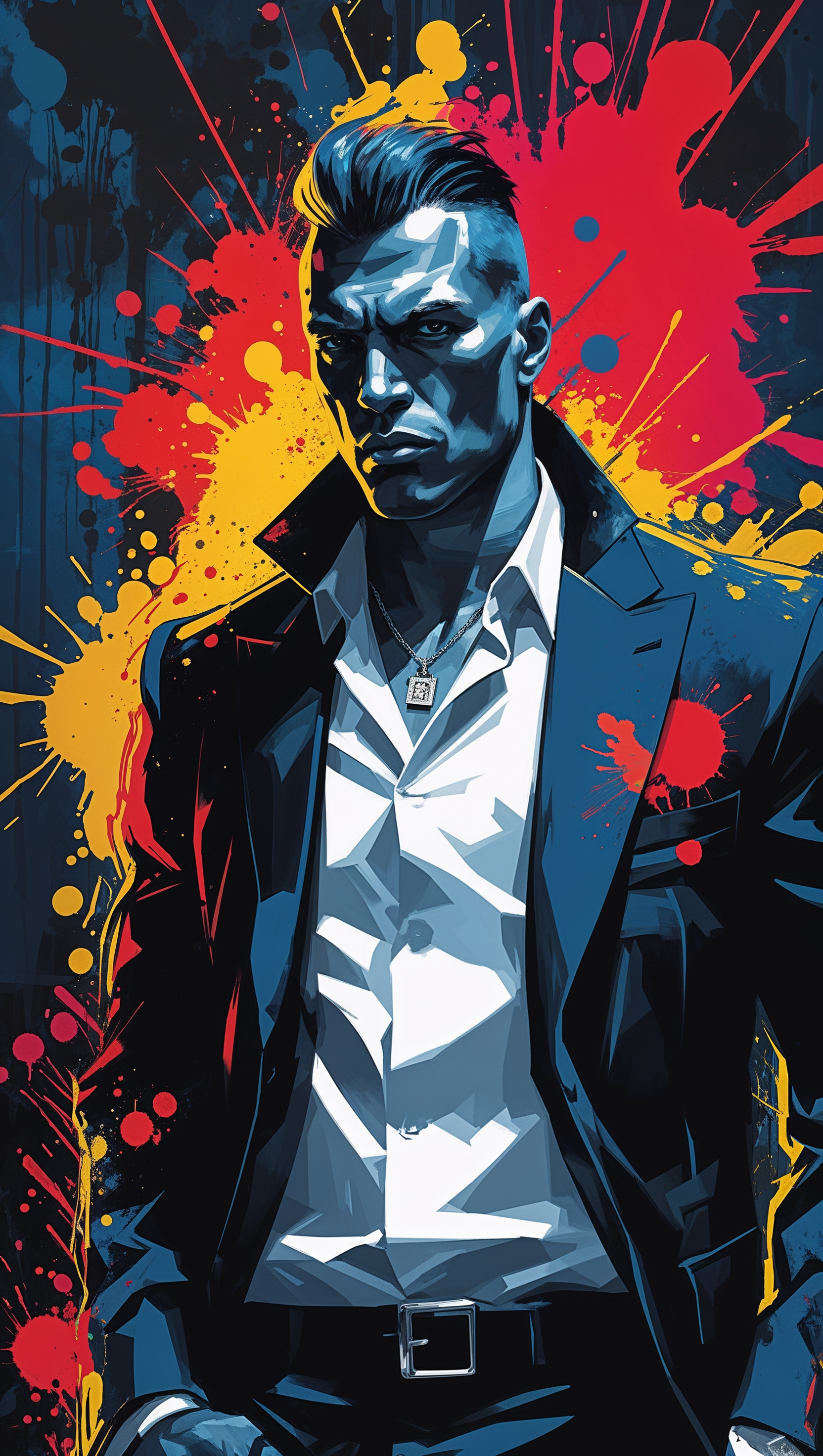 A gangster wallpaper design with painting elements and high contrast lines