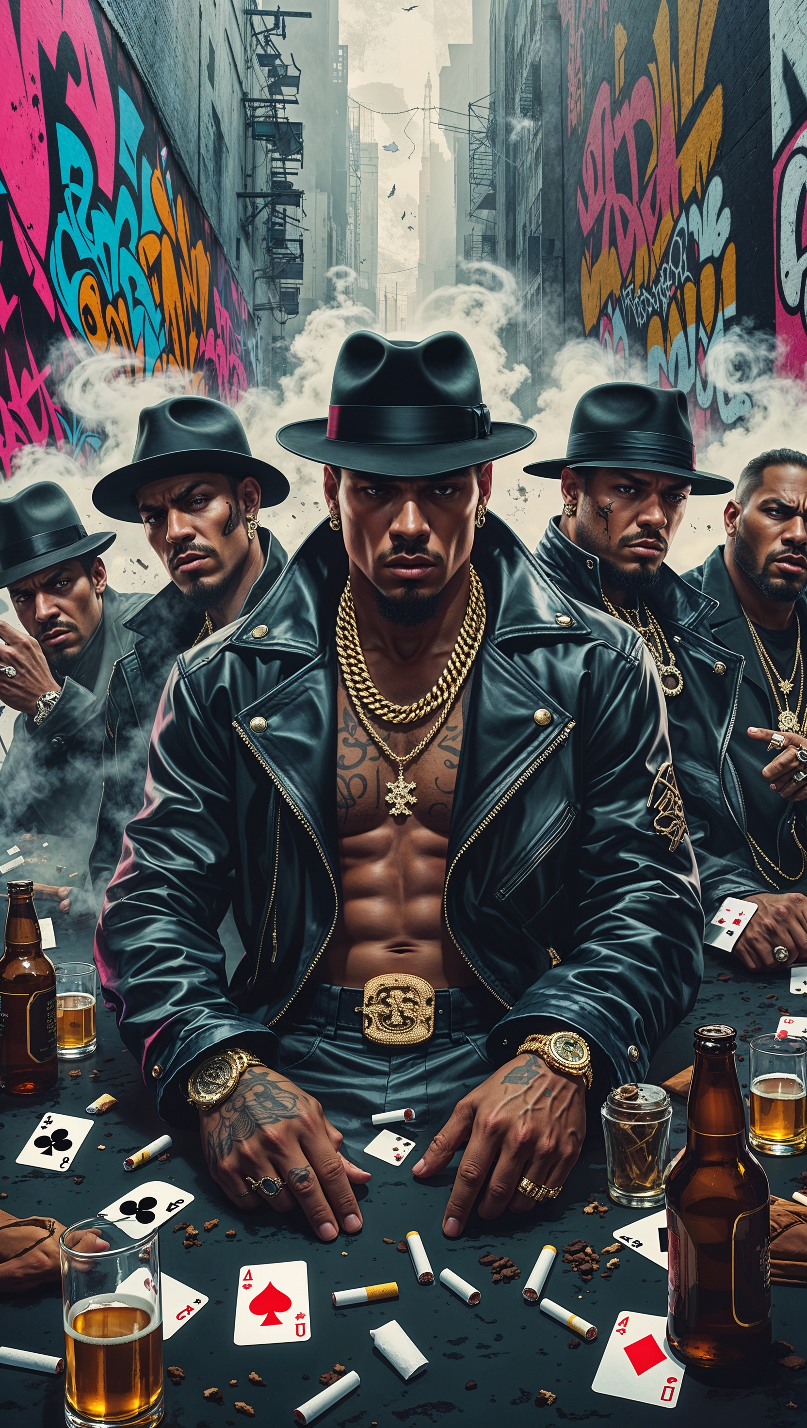 A gangster image with various characters against a graffiti background