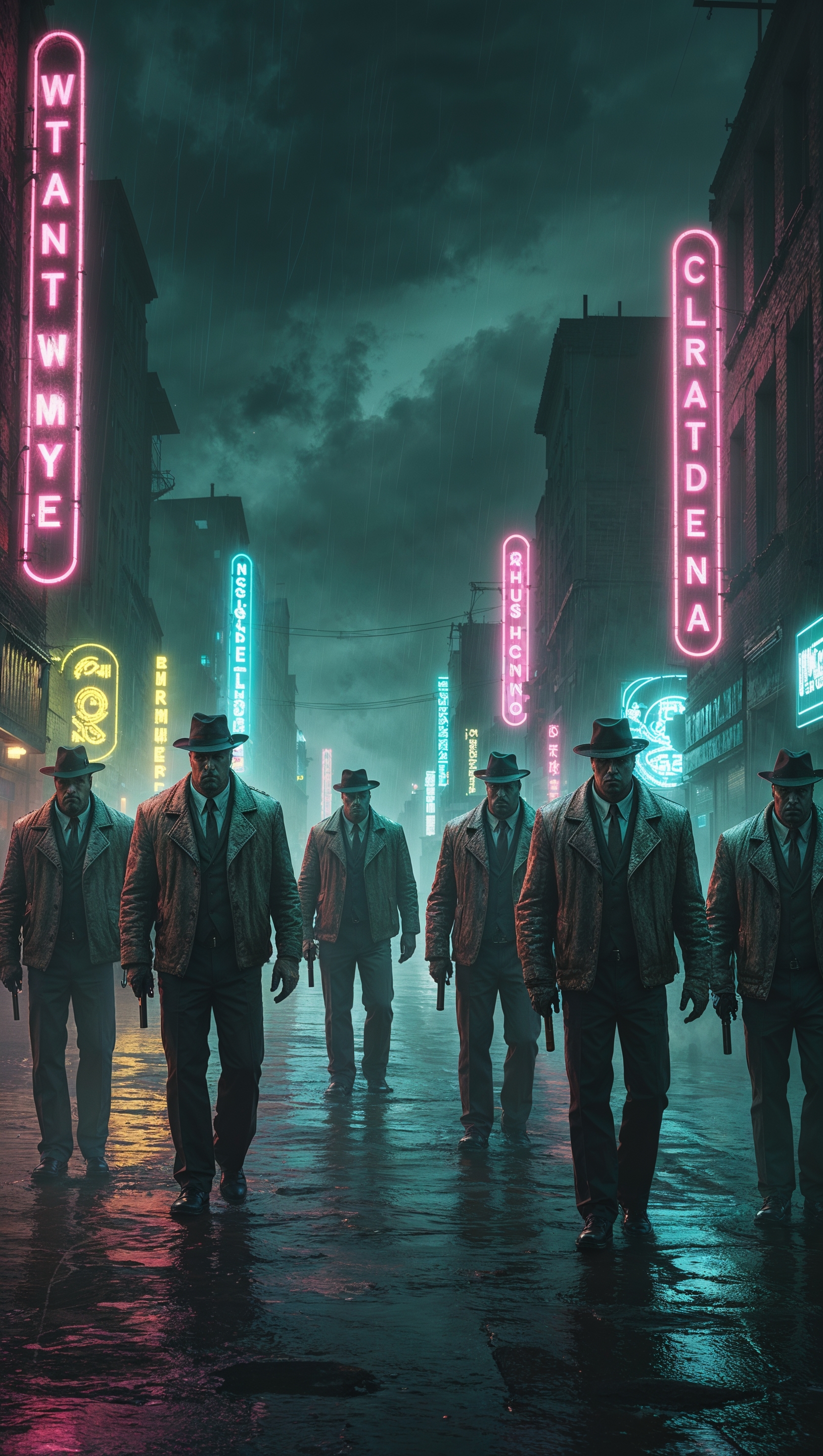 An image of a dark street with colorful neon signs and gangster characters for iPhone