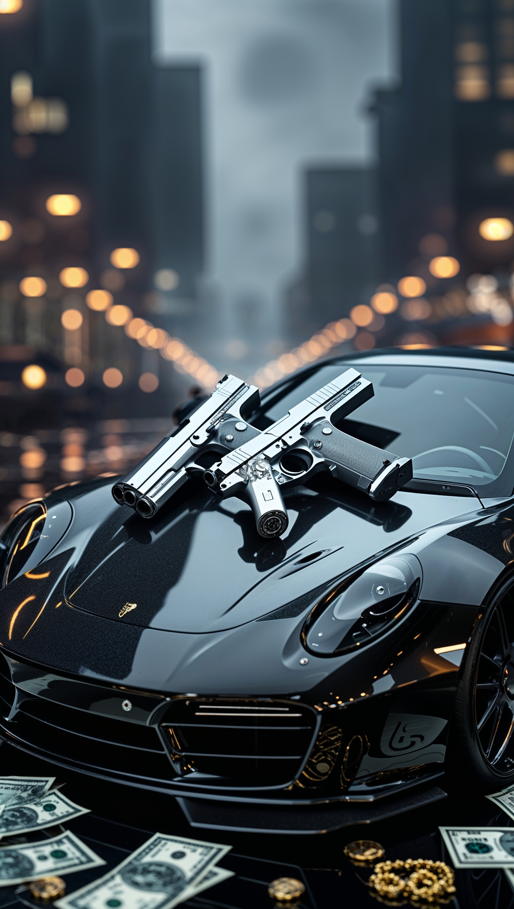 A gangster wallpaper design with guns and luxury cars for iPhone