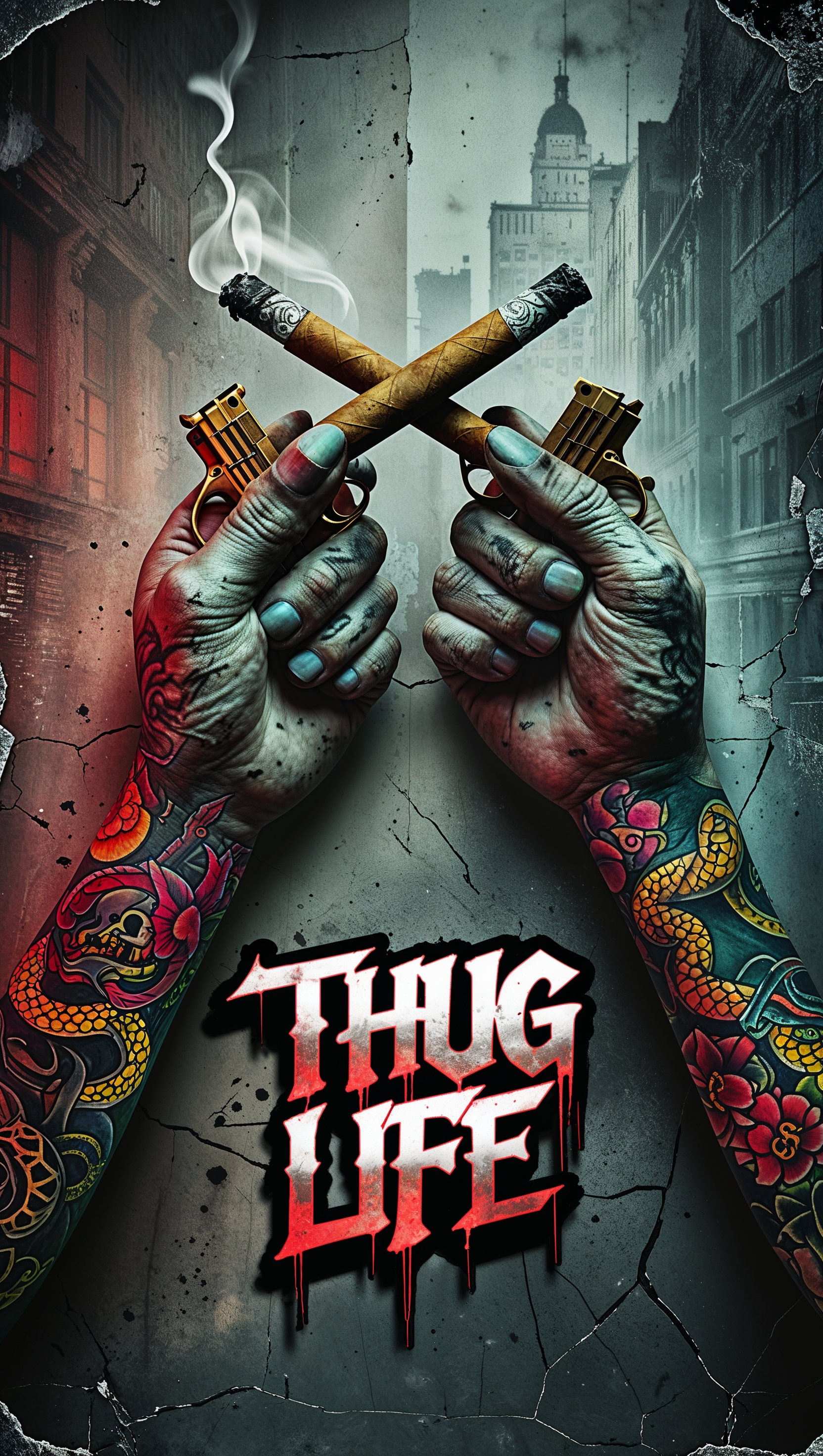 A gangster-themed wallpaper with tattoo designs and gangster hands for iPhone