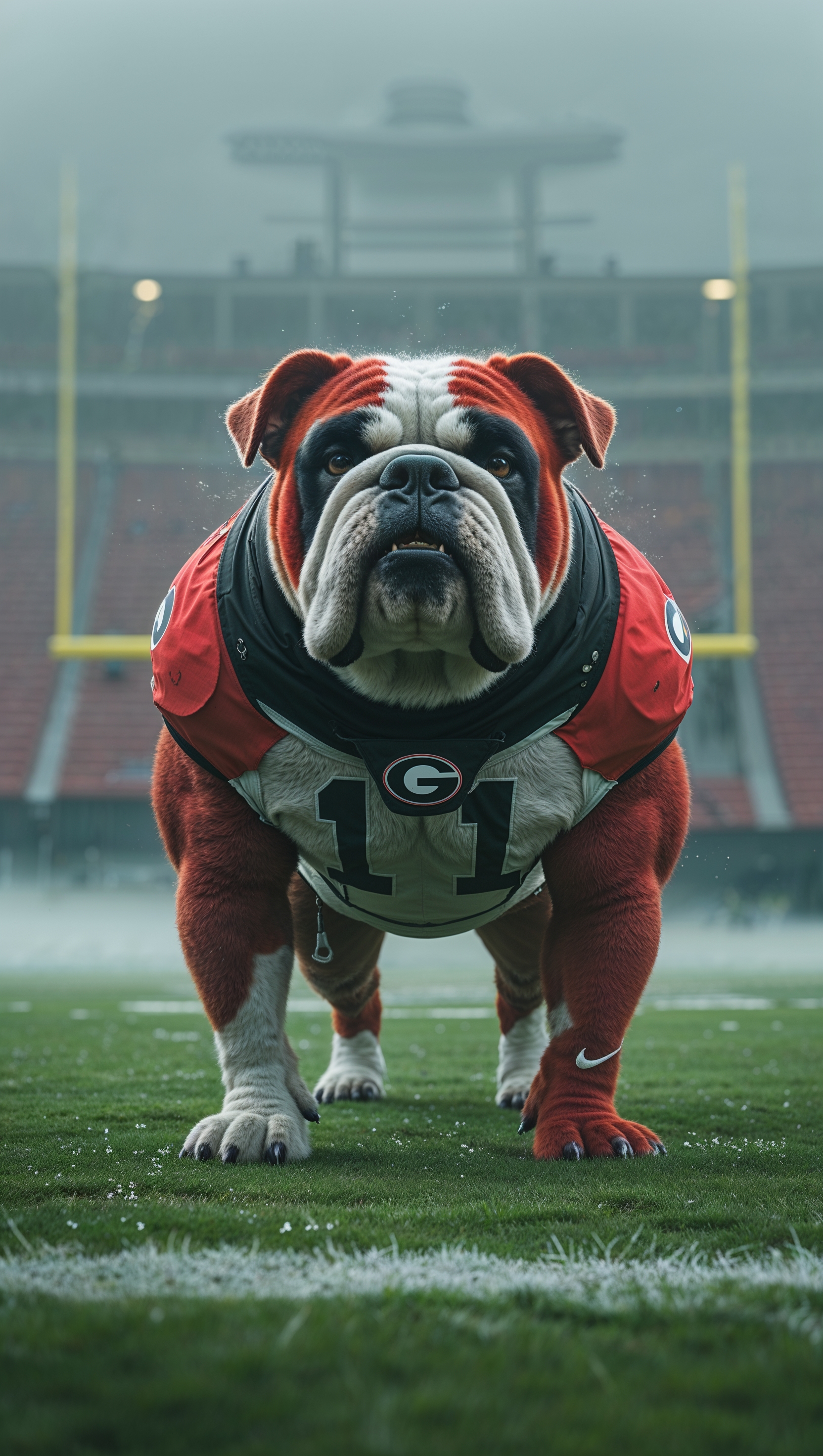 Georgia Bulldog on a football field with morning fog