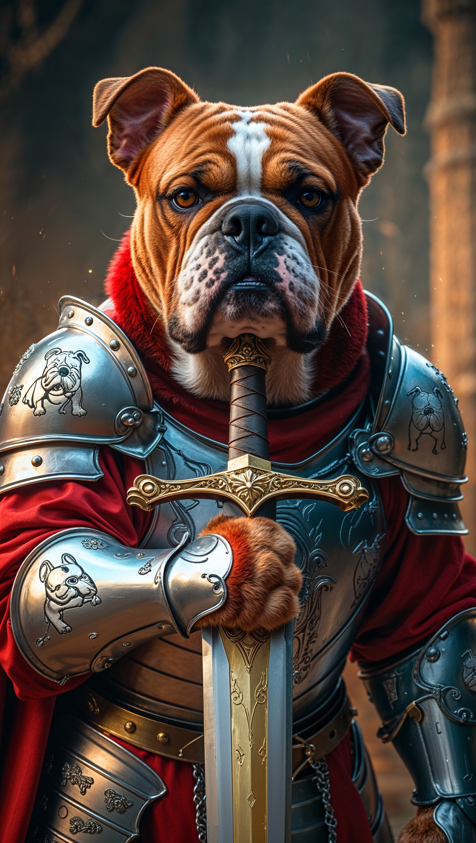 Fantasy-style Georgia Bulldog with armor and sword