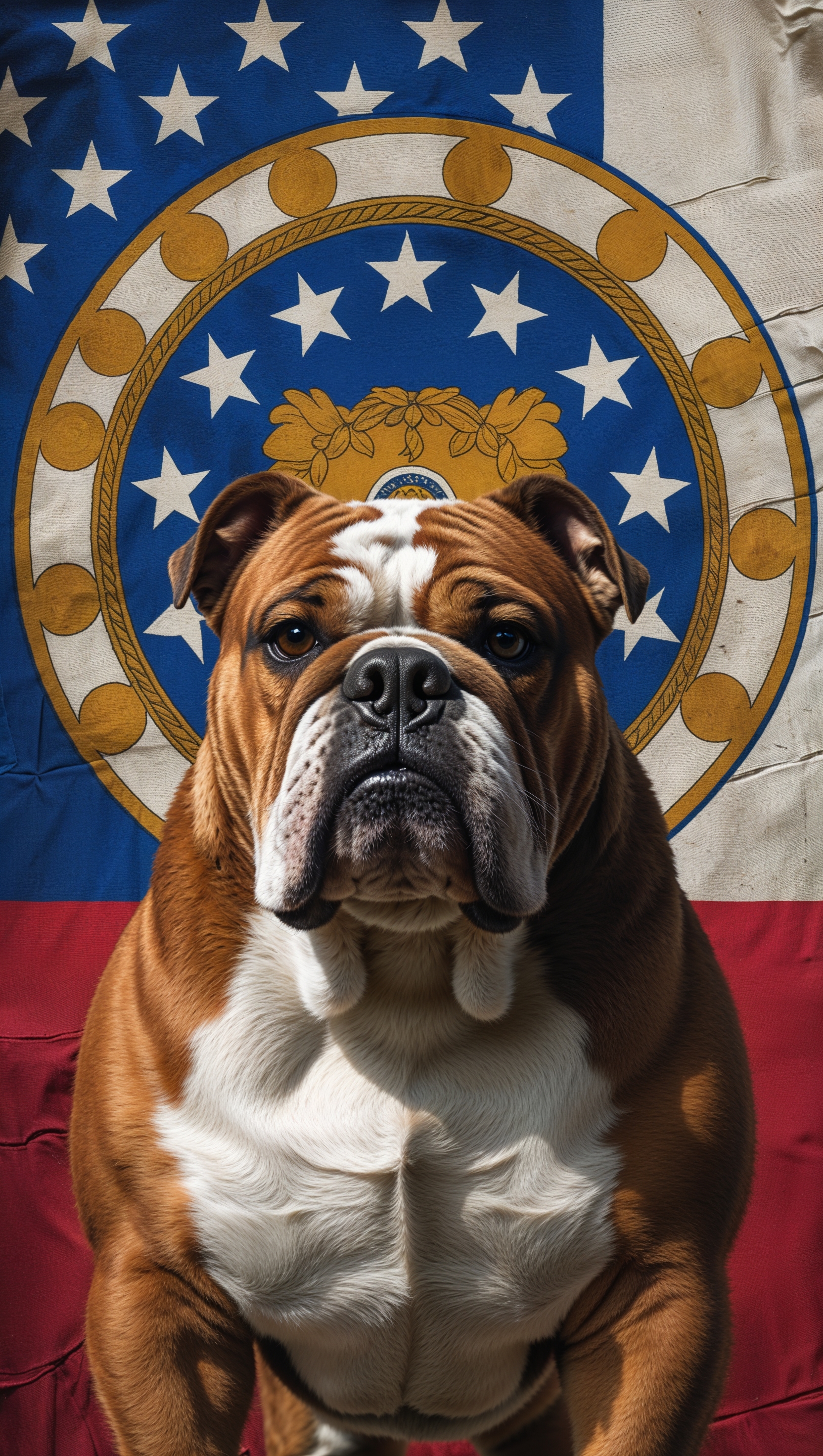 Georgia Bulldog with Georgia state flag in the background