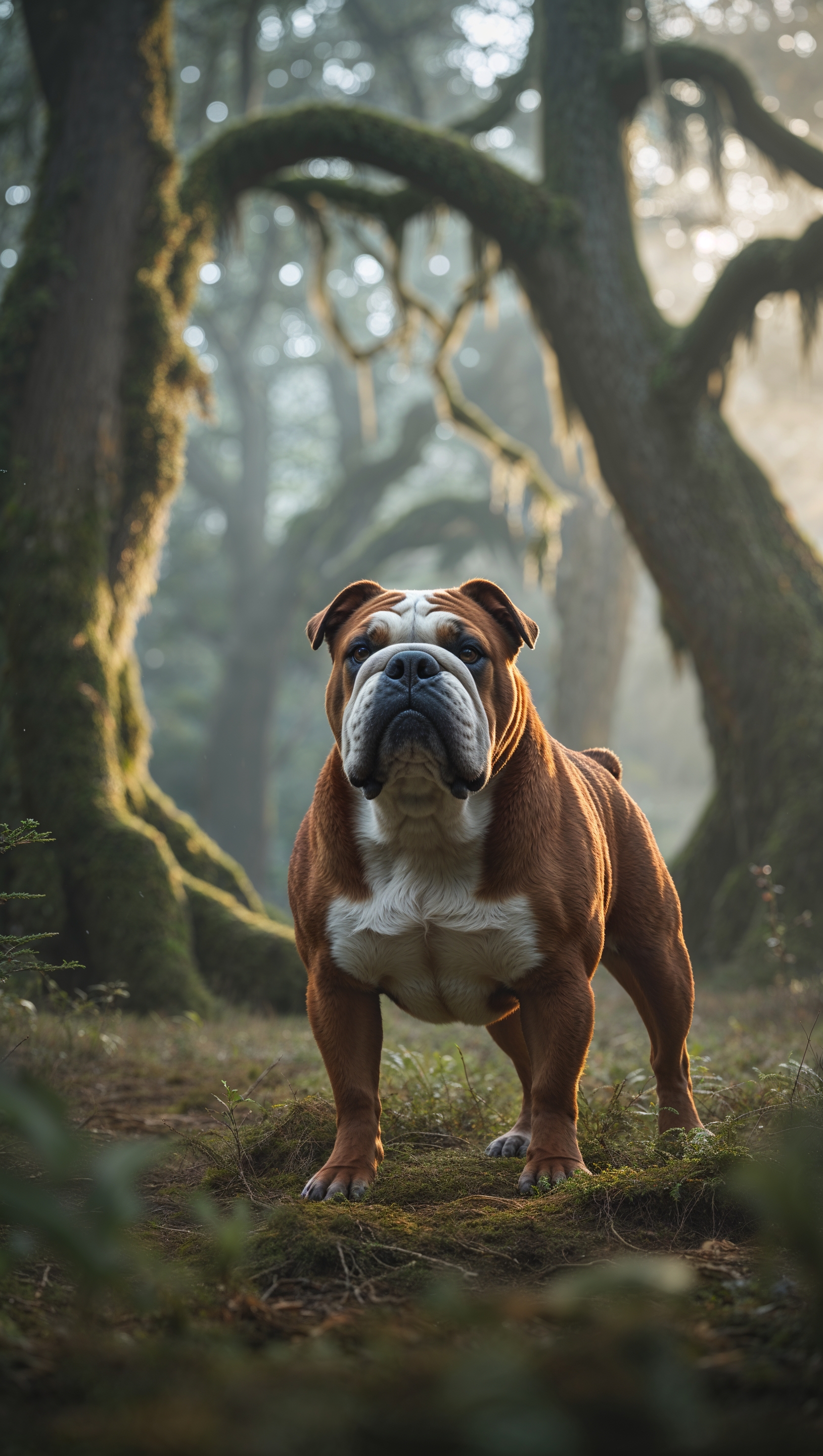 Georgia Bulldog in a forest with soft lighting