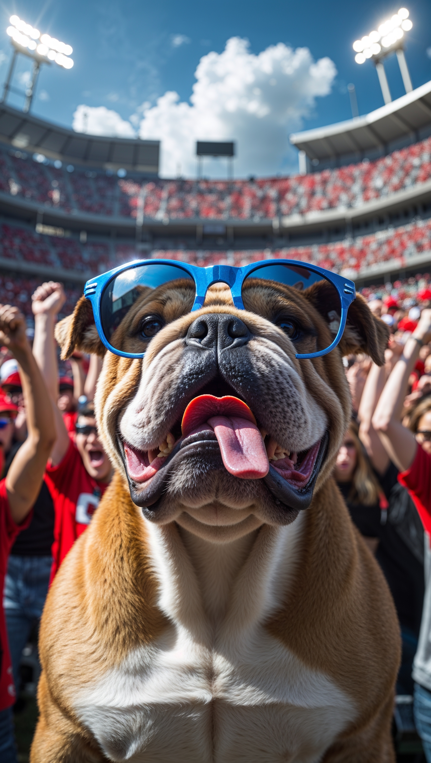 Georgia Bulldog wearing sunglasses in a crowded stadium