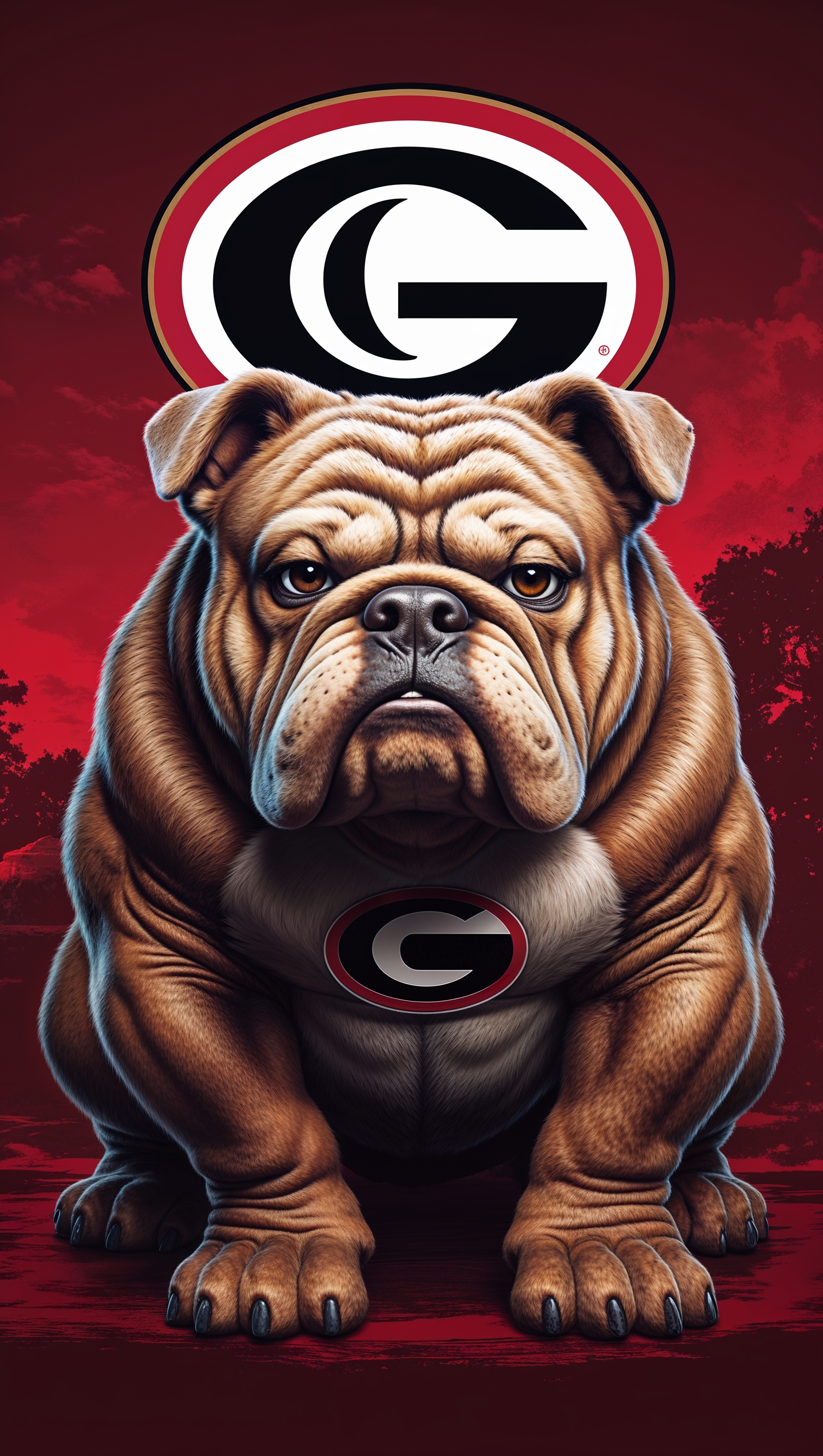 Georgia Bulldog with dark red background and UGA logo