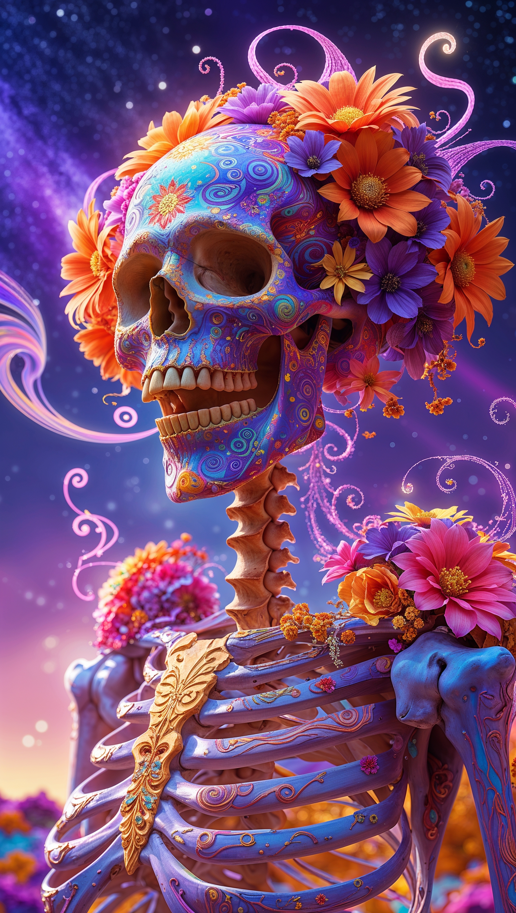 Colorful skeleton with flowers in psychedelic style