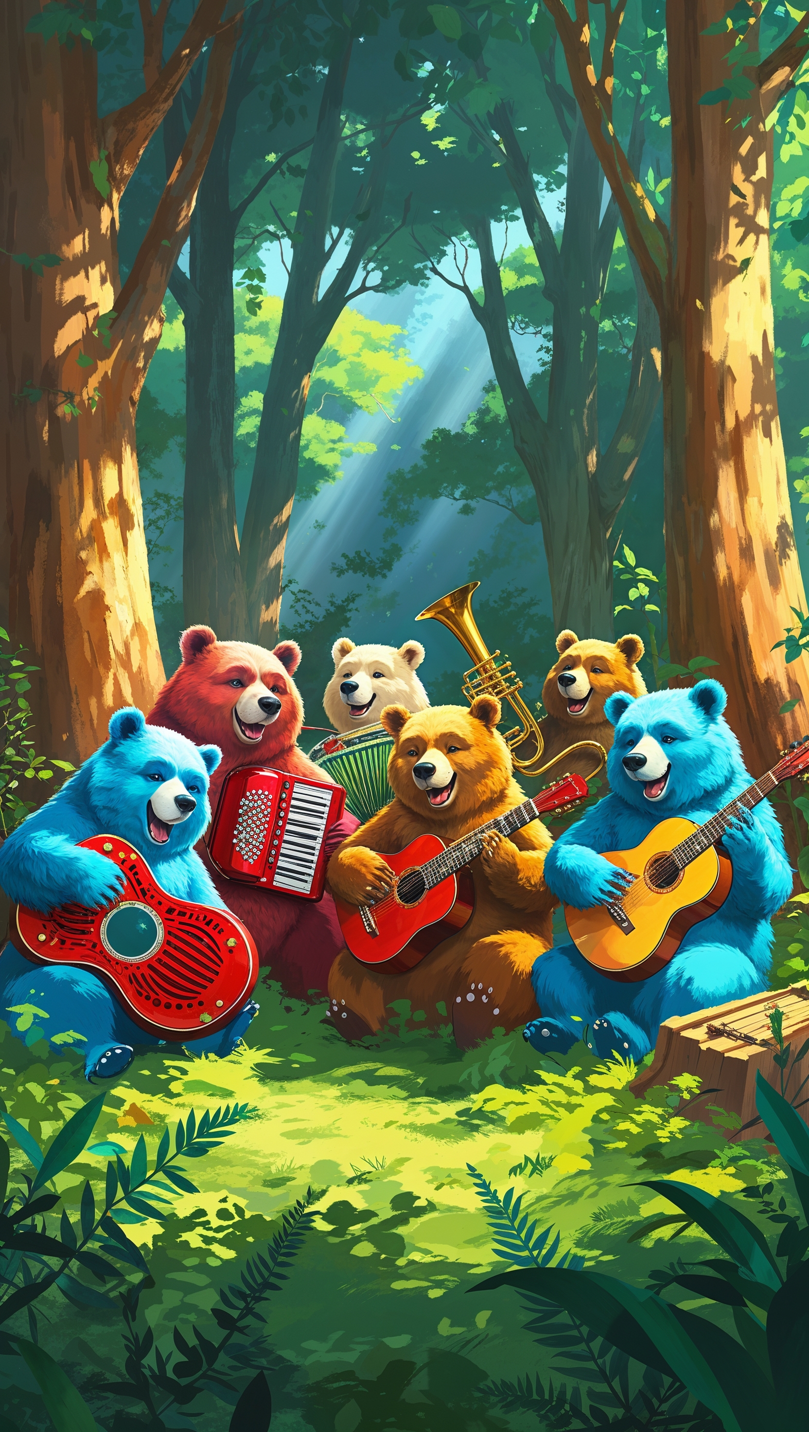 Colorful bears playing music in the forest