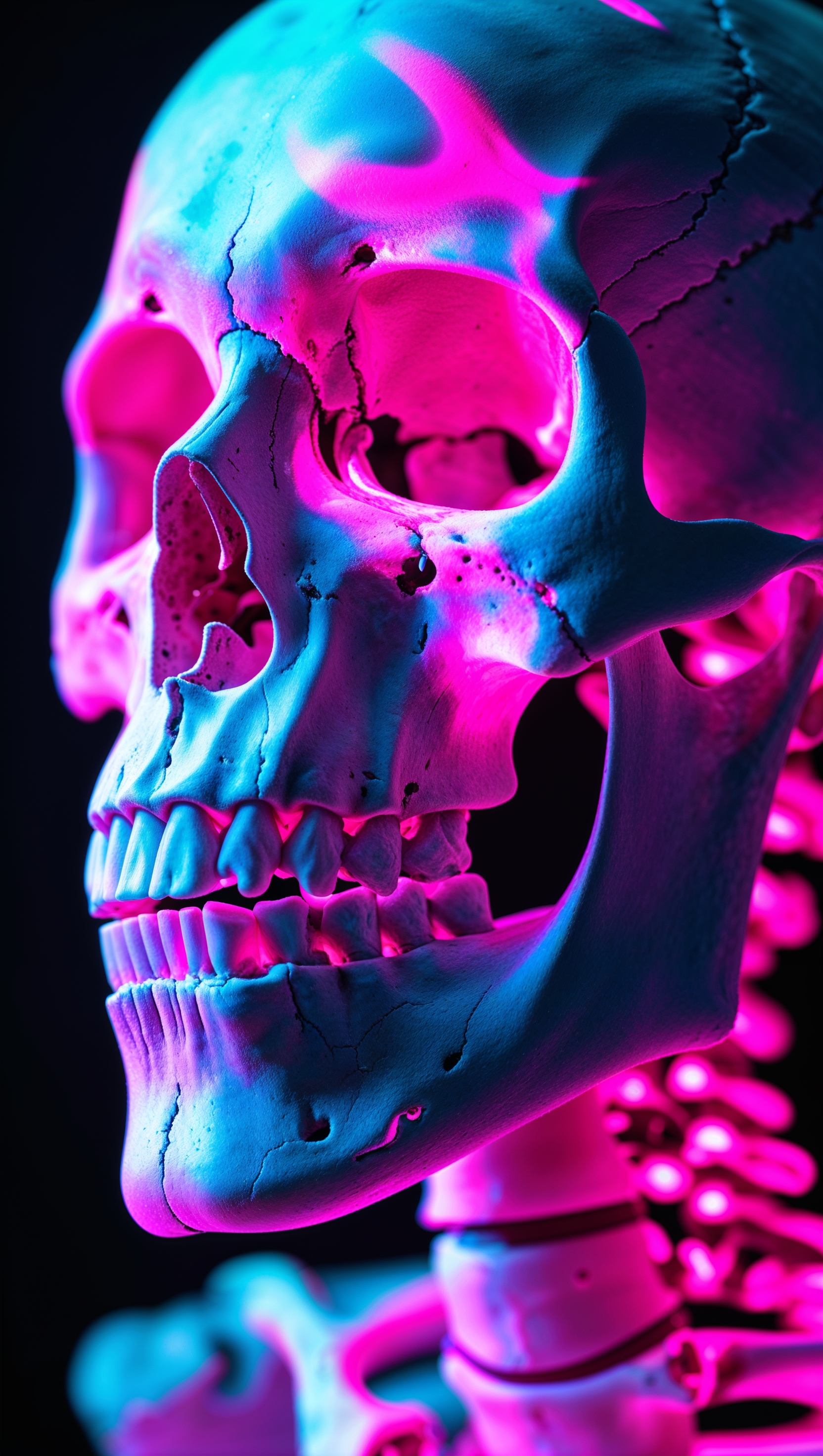 Neon light effect on a skeleton face
