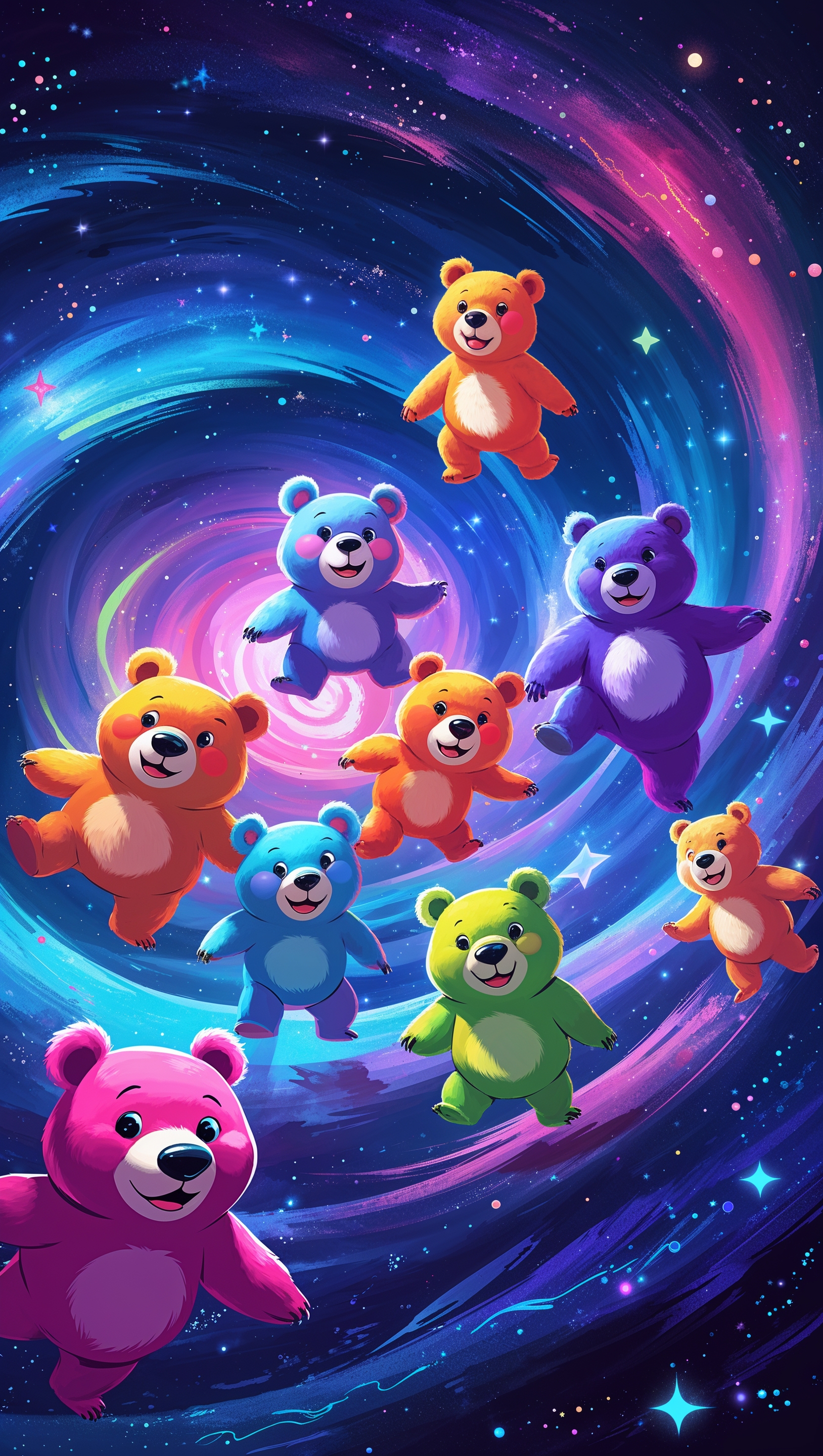 Cartoon bears on a galactic background