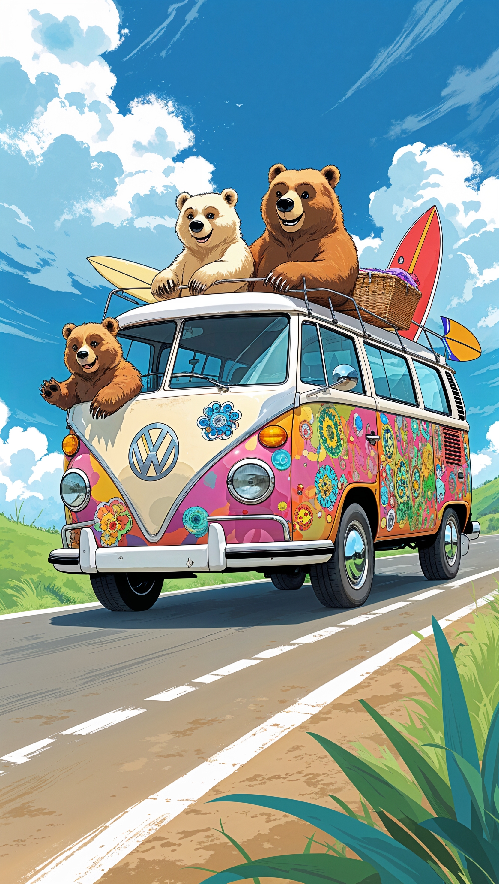 Bears traveling in a Volkswagen van
