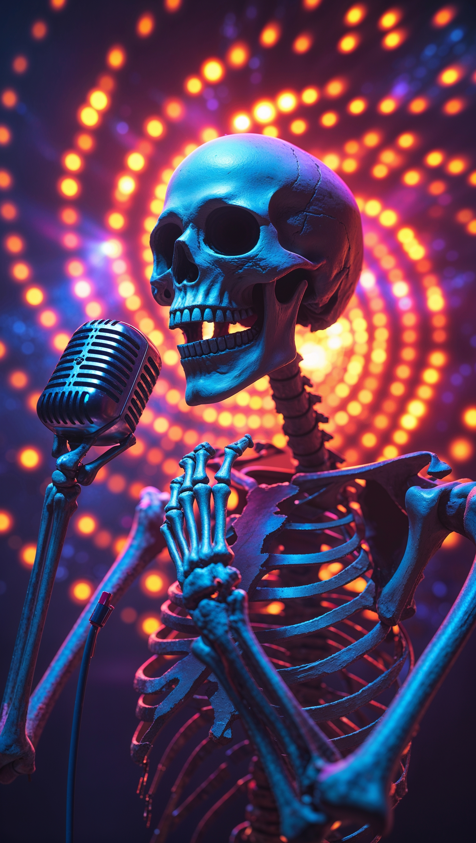 Skeleton performing on stage with colorful lights