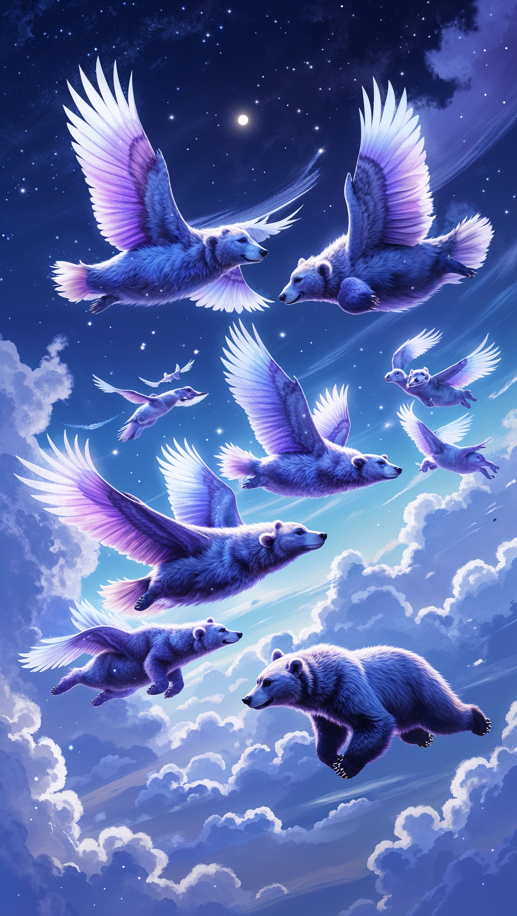 Night sky full of flying bears