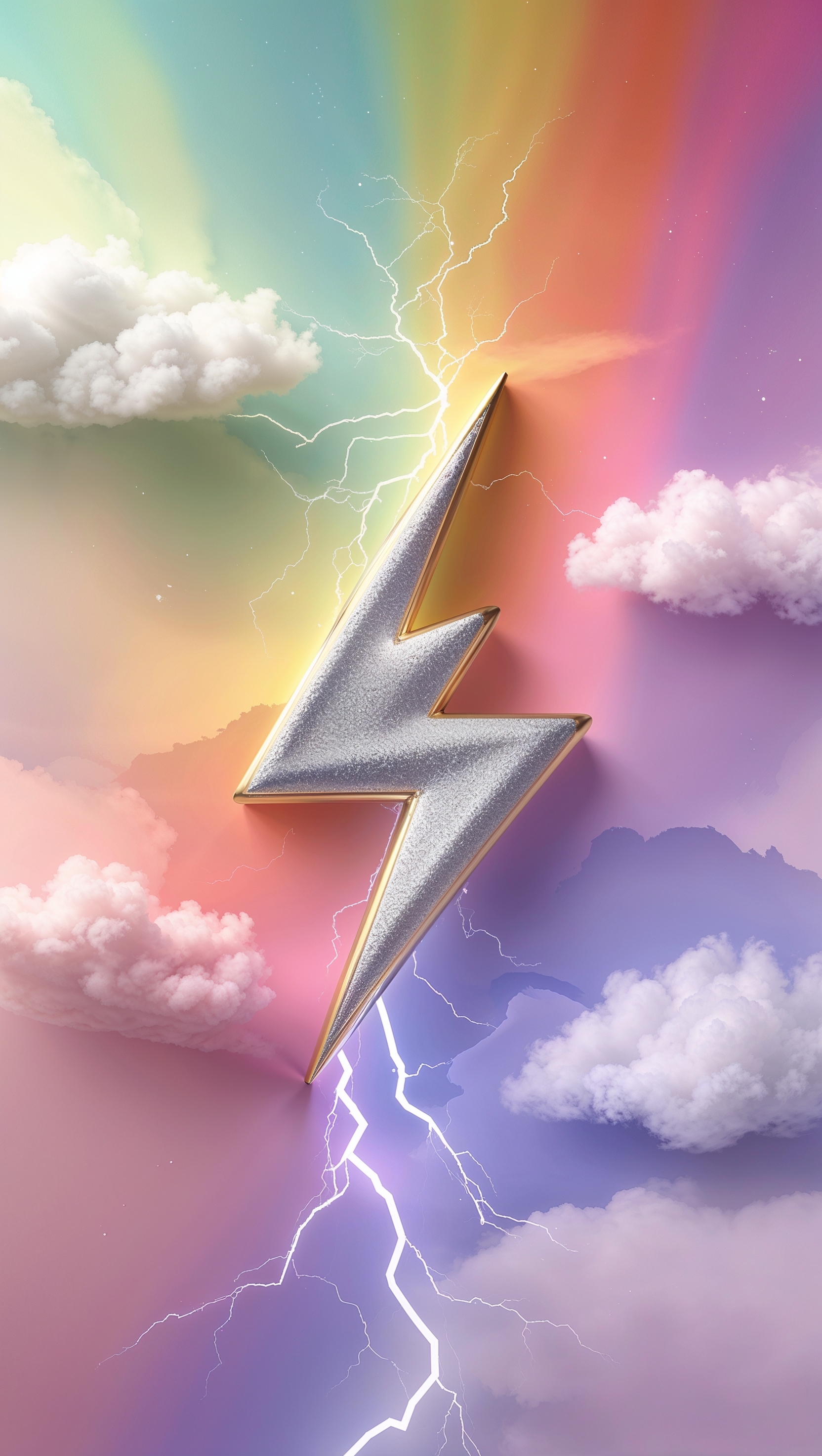 Famous lightning bolt with a rainbow backdrop