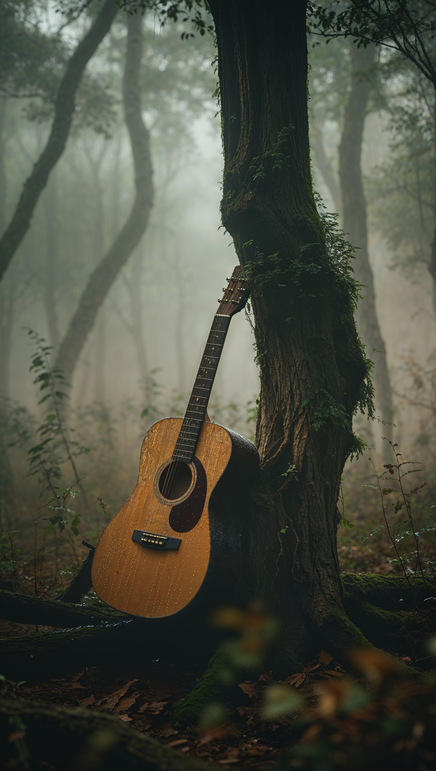 Guitar in a foggy forest, iPhone background
