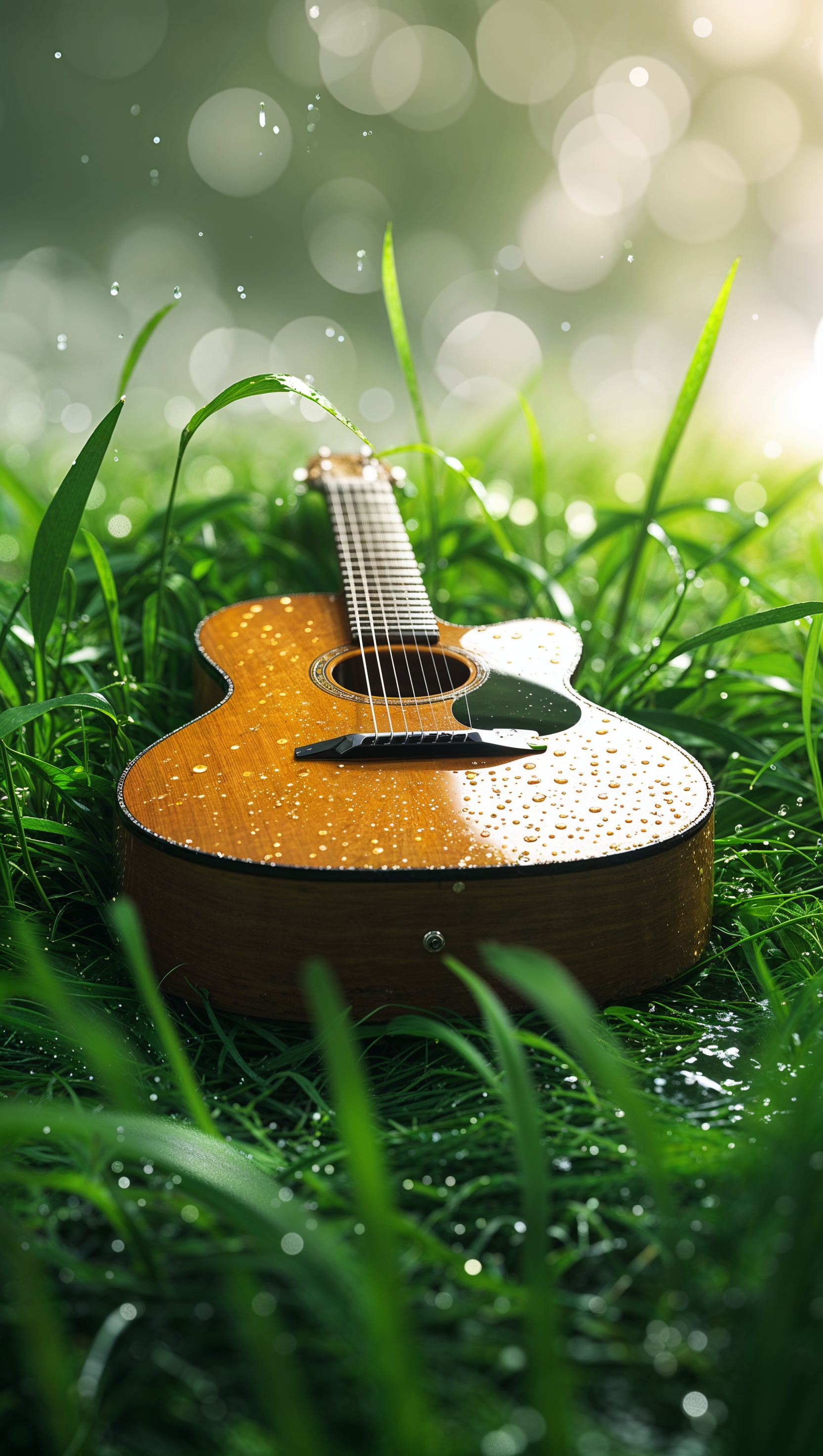 Acoustic guitar on wet grass, iPhone wallpaper