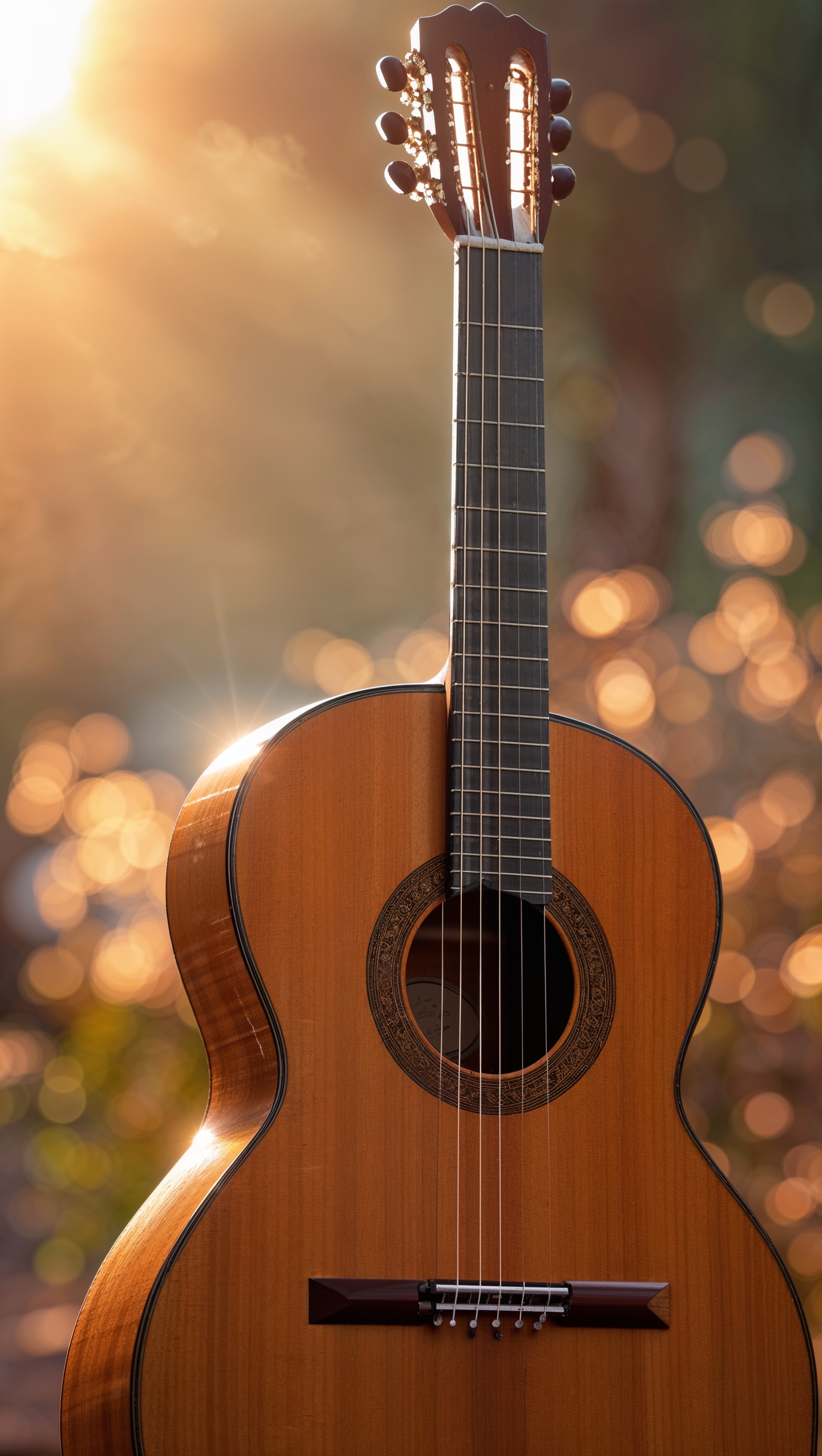 A wooden classical guitar in sunset light, iPhone background