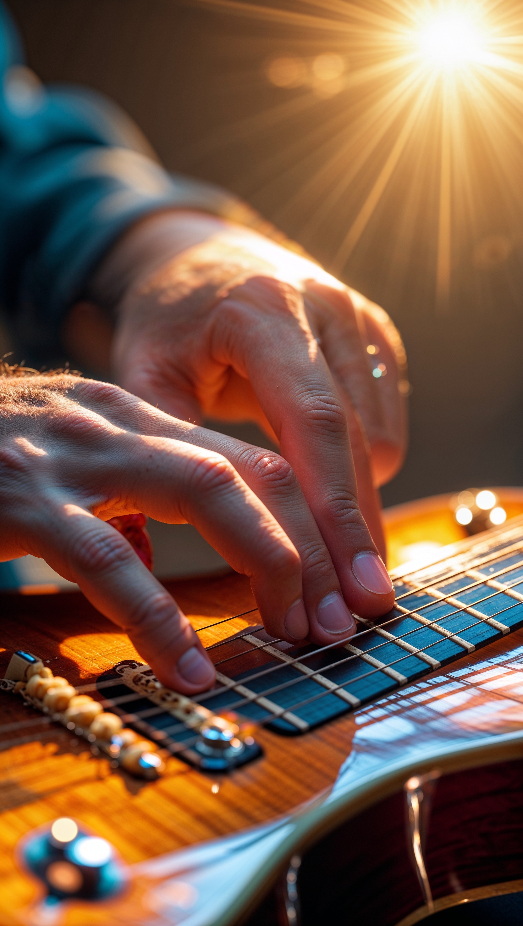Musician’s hand on guitar strings, close-up, iPhone wallpaper