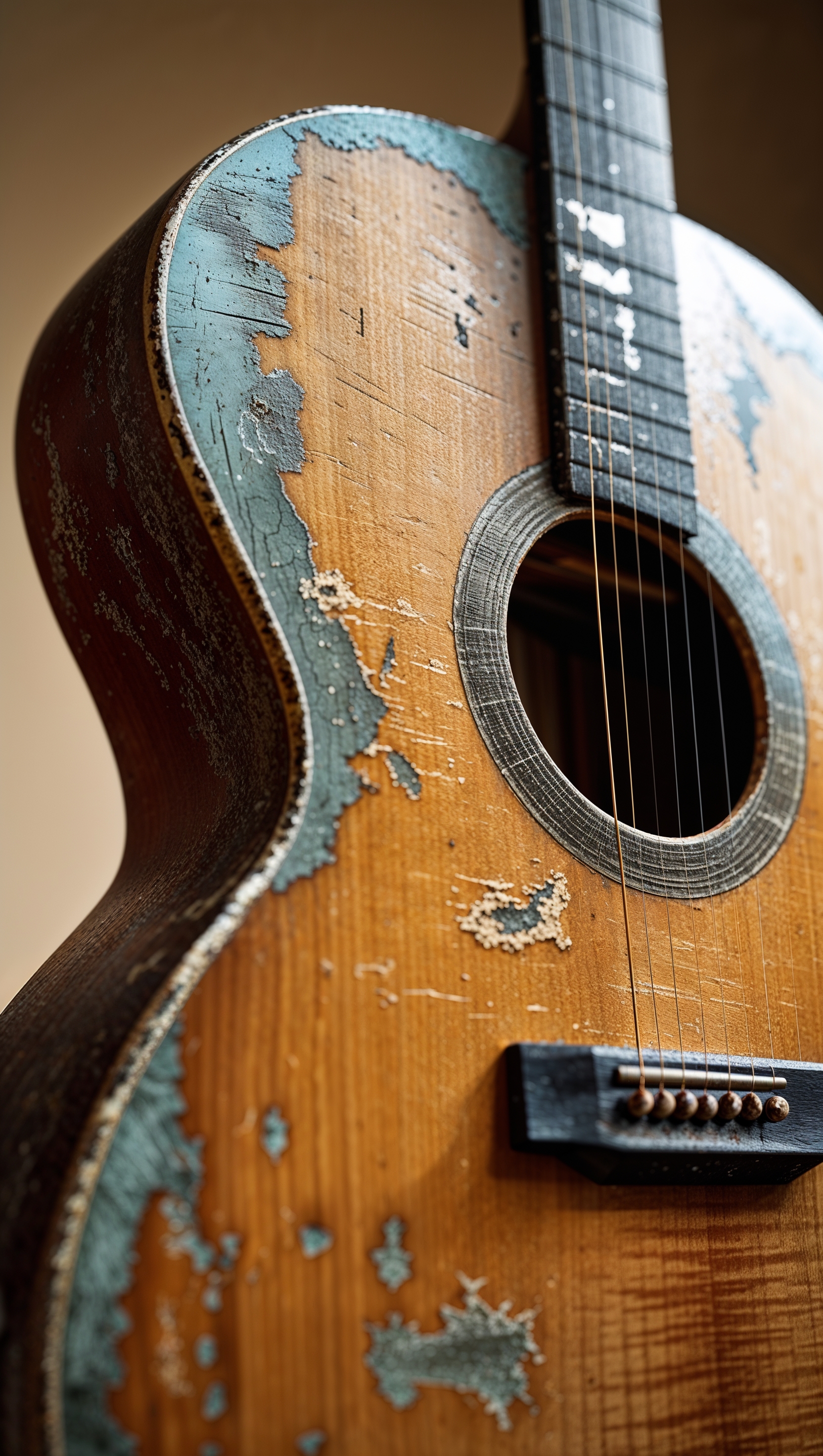 Close-up of a vintage worn guitar, iPhone wallpaper