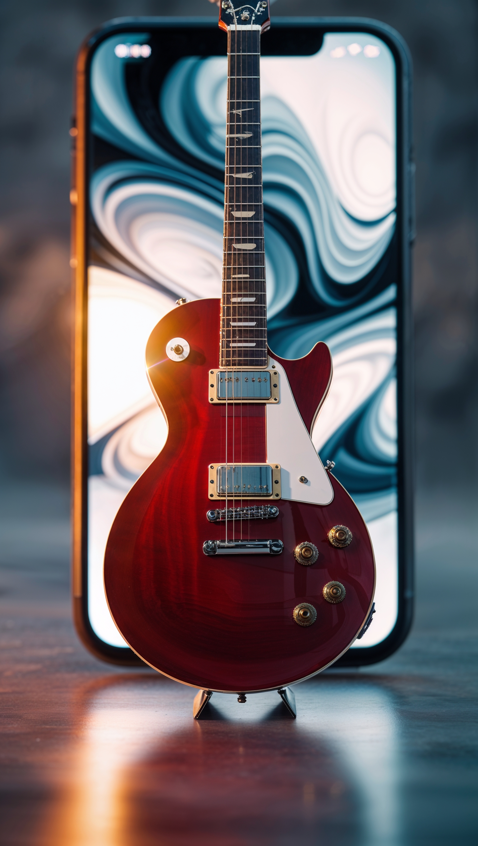 Shiny red guitar under spotlight, iPhone background