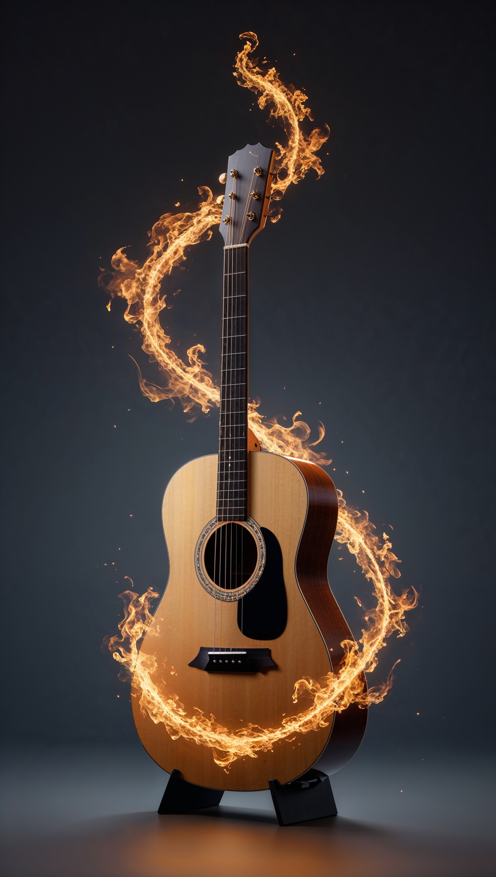 Guitar among golden light flames, iPhone background
