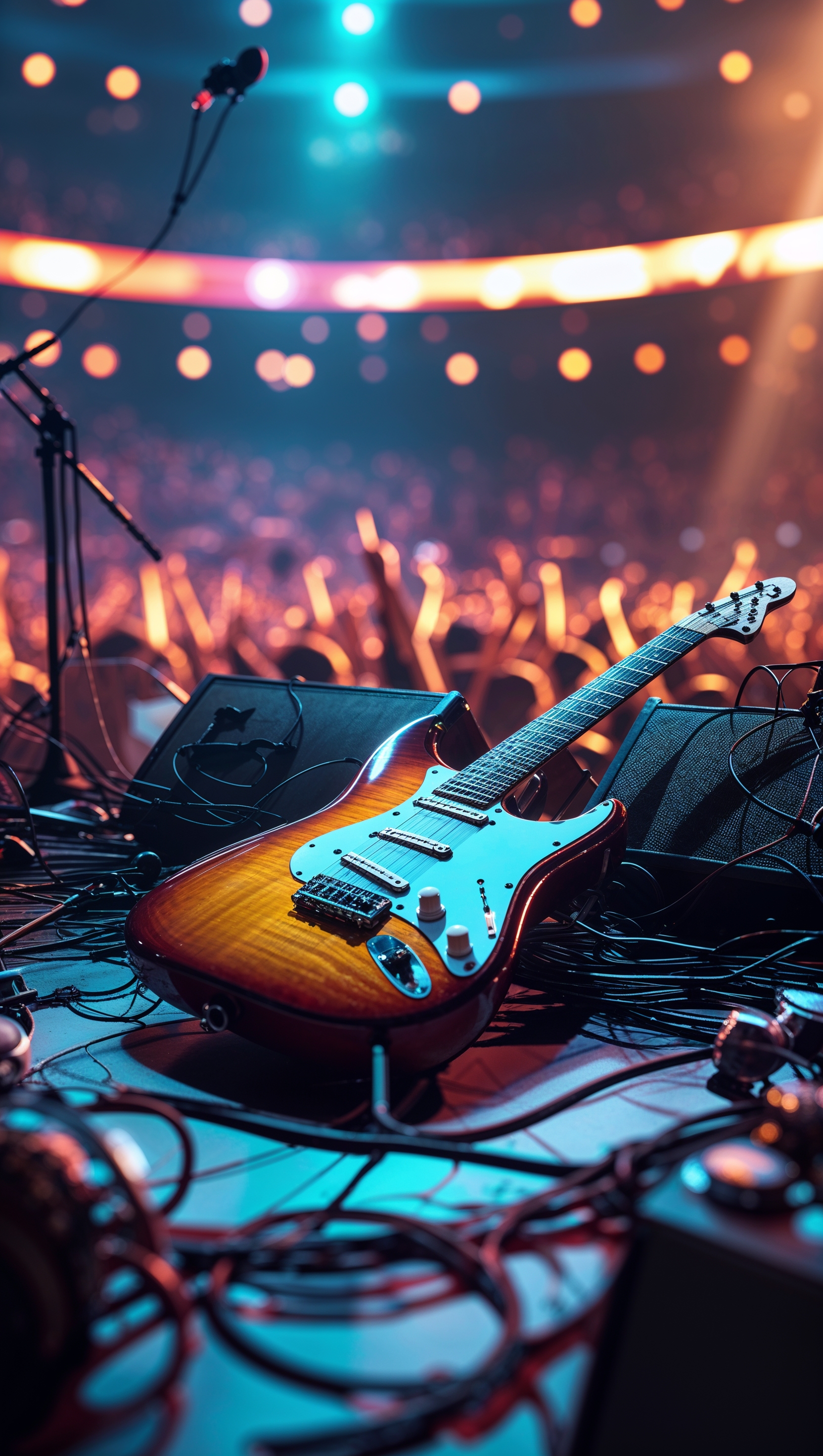 Guitar on a crowded concert stage, exciting iPhone wallpaper