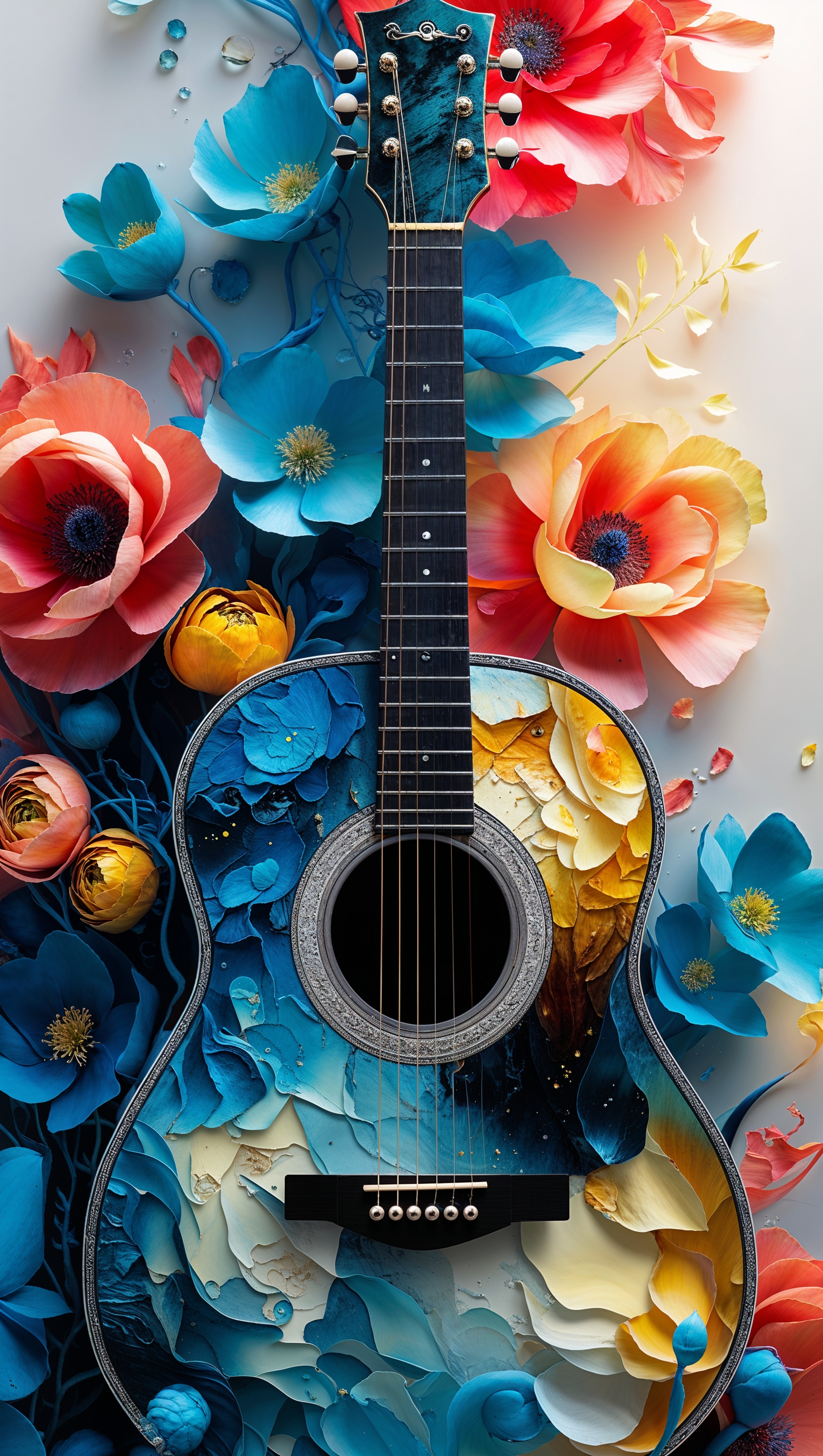 Guitar and colorful flowers, artistic iPhone background