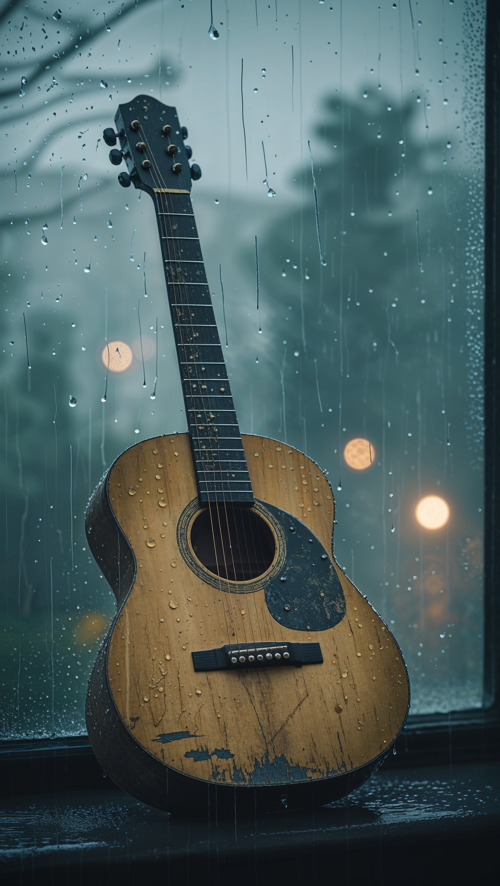 Guitar beside a rainy window, emotional iPhone wallpaper