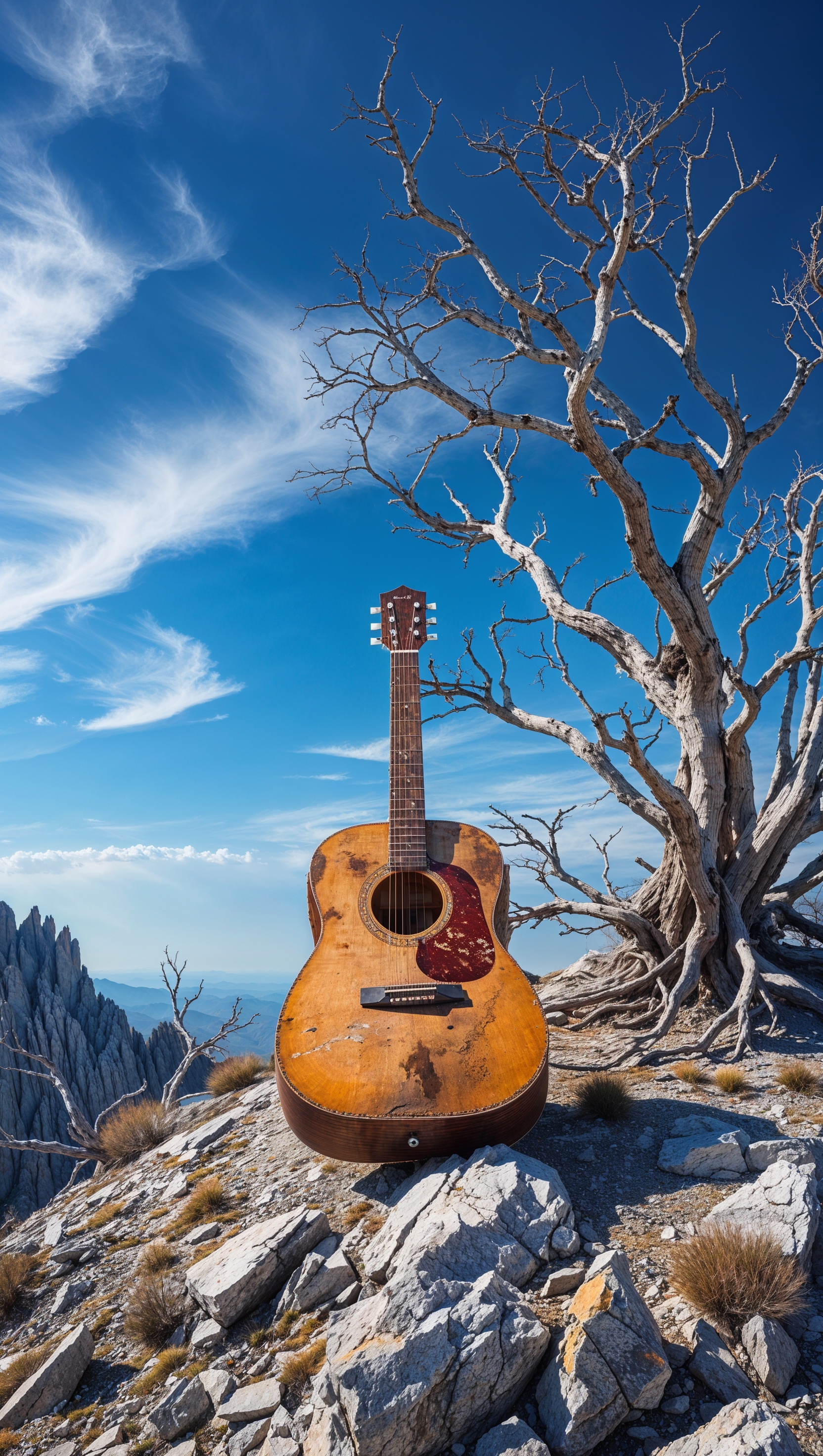 Guitar on a rocky mountain top, adventurous iPhone background
