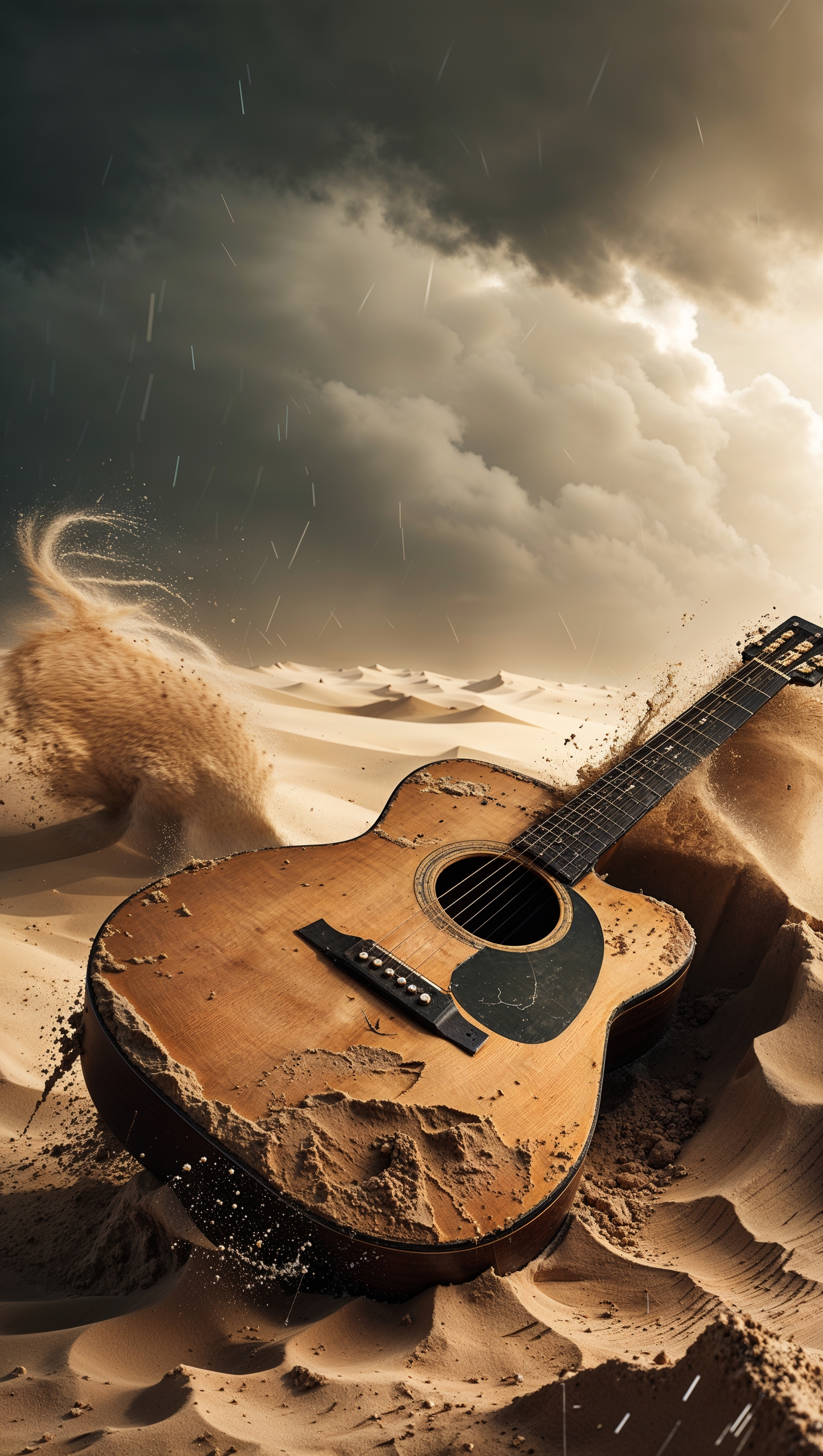 Guitar in a sandstorm, dramatic scene for iPhone background
