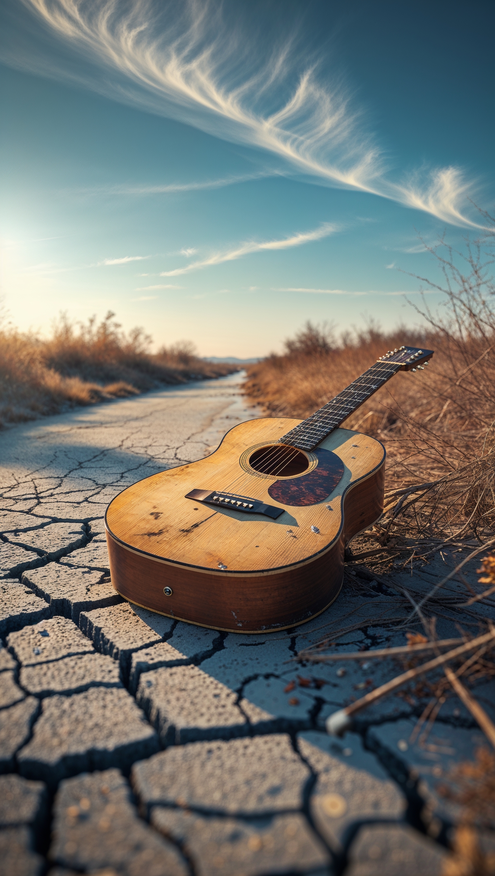 Guitar on an abandoned road, iPhone wallpaper