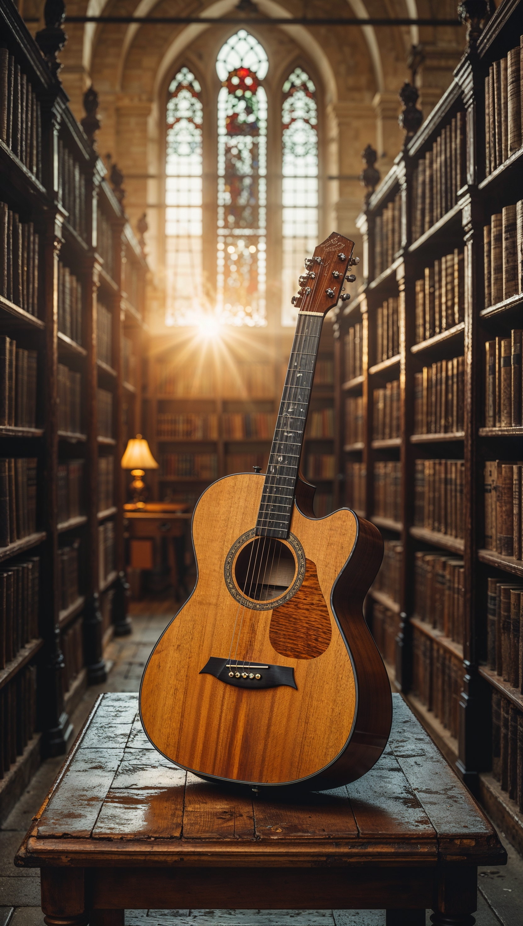 Wooden guitar in an old library, classic iPhone background