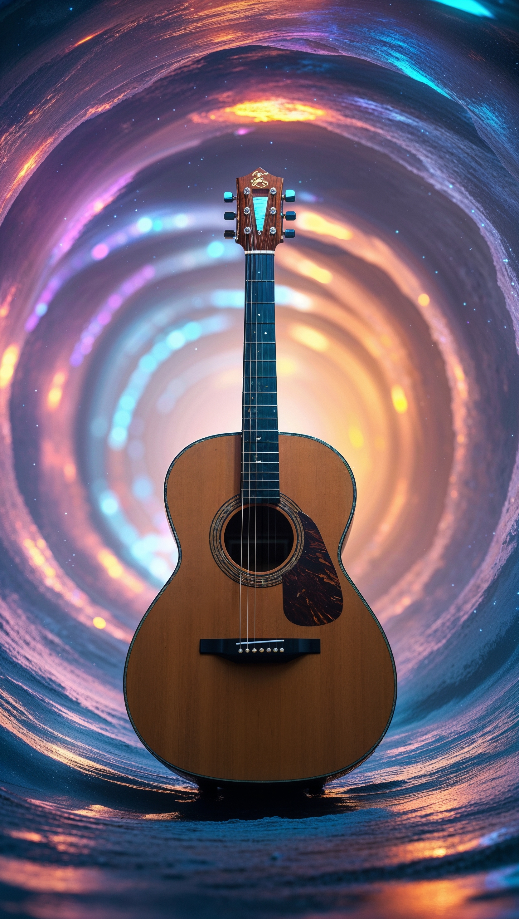 Guitar inside a glowing tunnel, fantasy scene, iPhone wallpaper