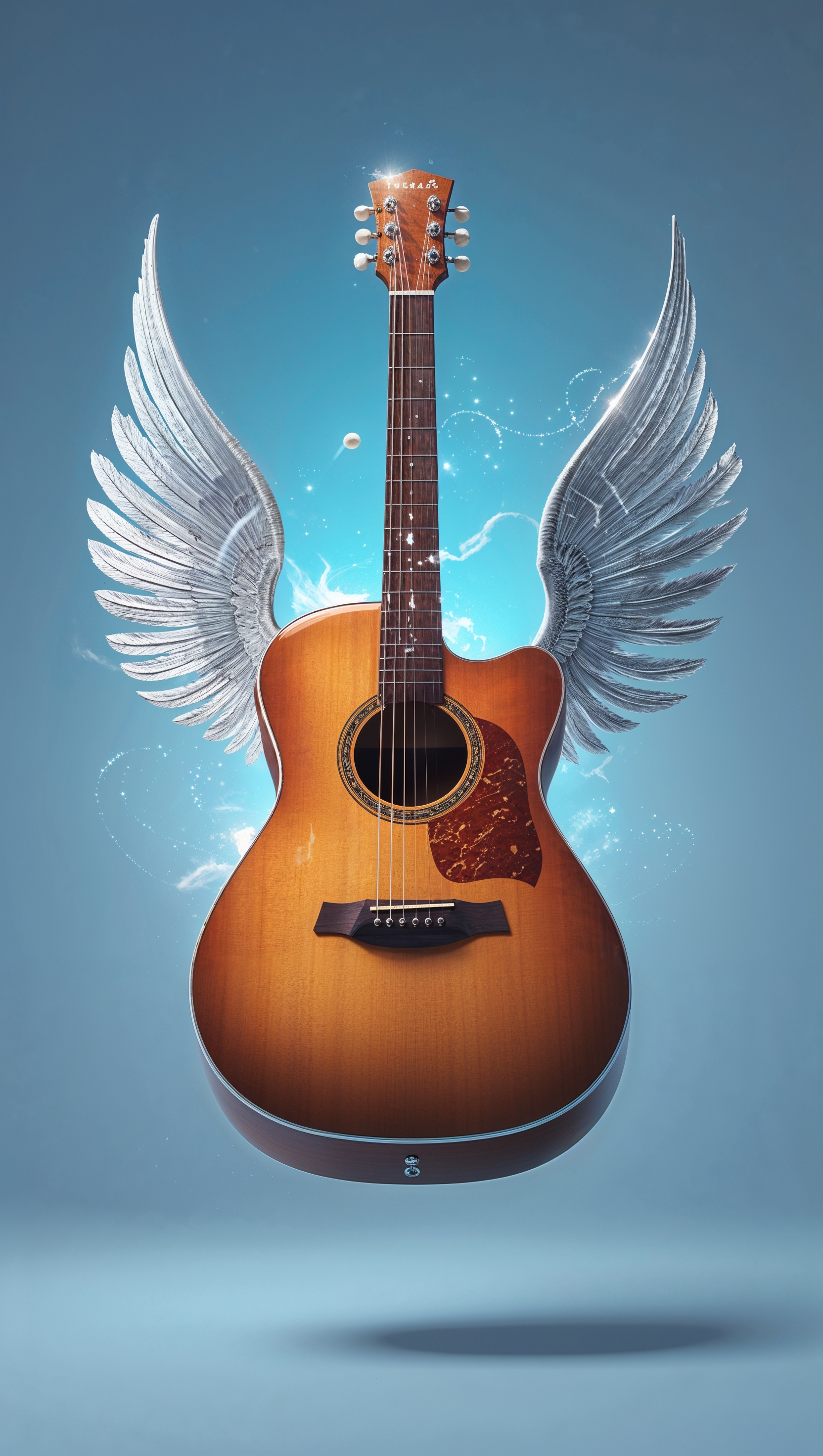 Floating guitar in the sky with silver wings, iPhone wallpaper