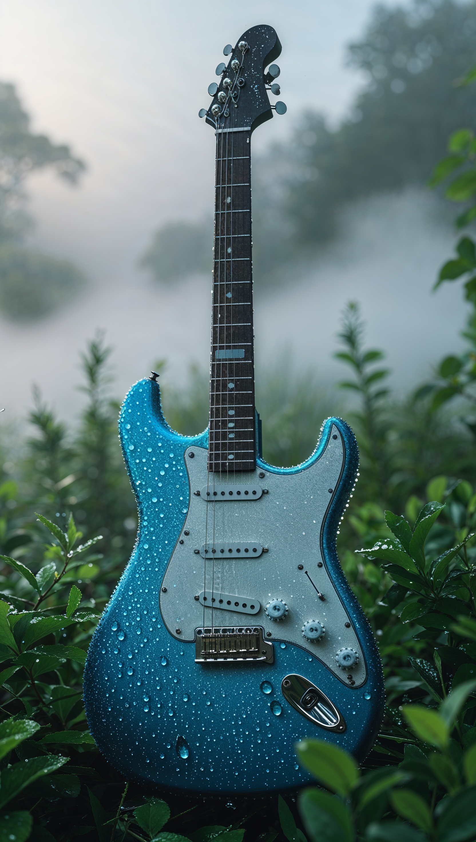Shiny blue guitar in morning mist, iPhone background