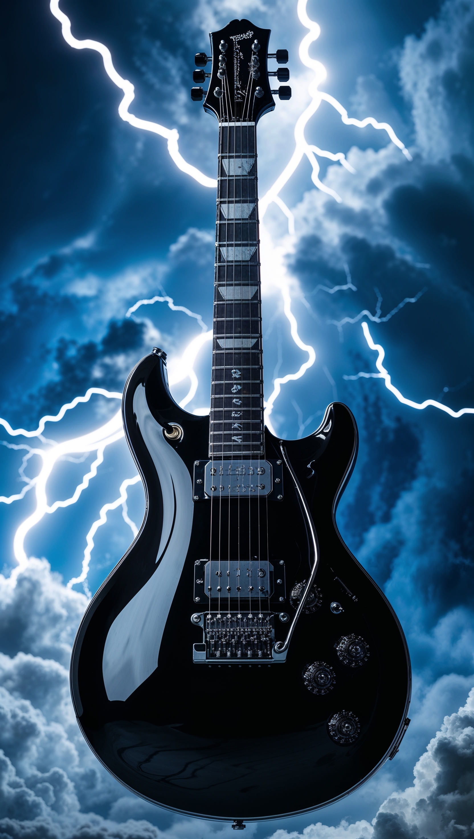 Black electric guitar with lightning background, iPhone wallpaper